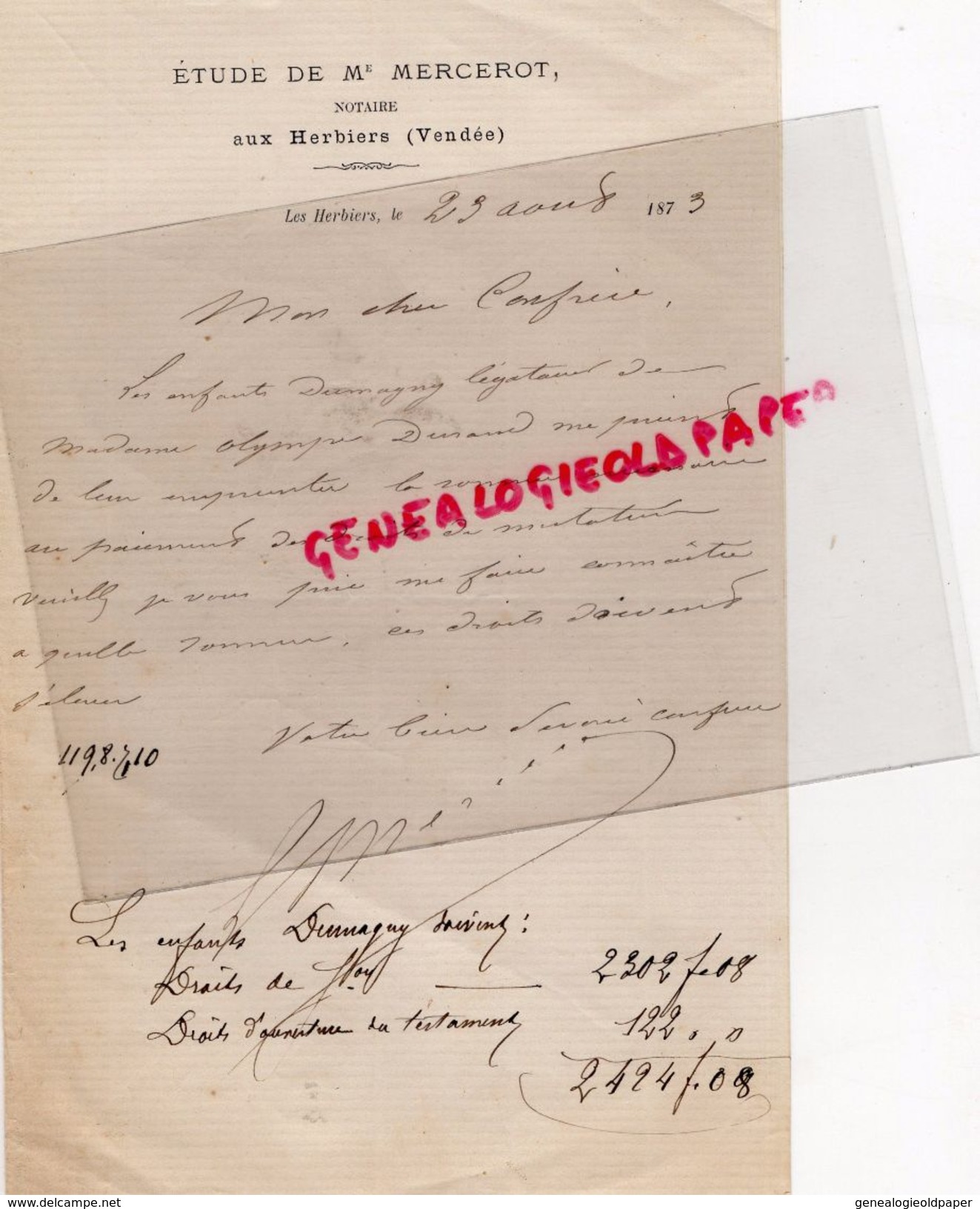 85 - AUX HERBIERS- LETTRE ETUDE ME MERCEROT-NOTAIRE-1873 - Historical Documents