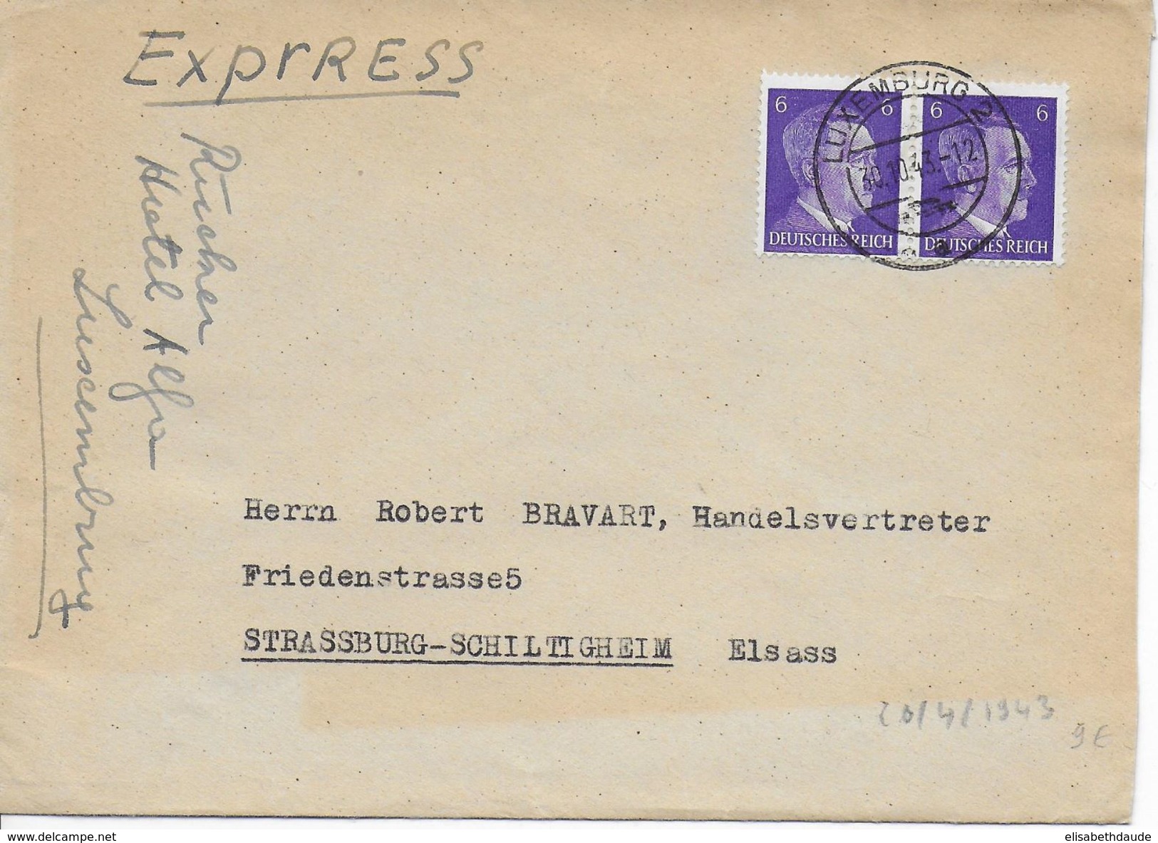 1943 - ENVELOPPE De LUXEMBOURG  => STRASBOURG (ALSACE) - 1940-1944 Occupation Allemande