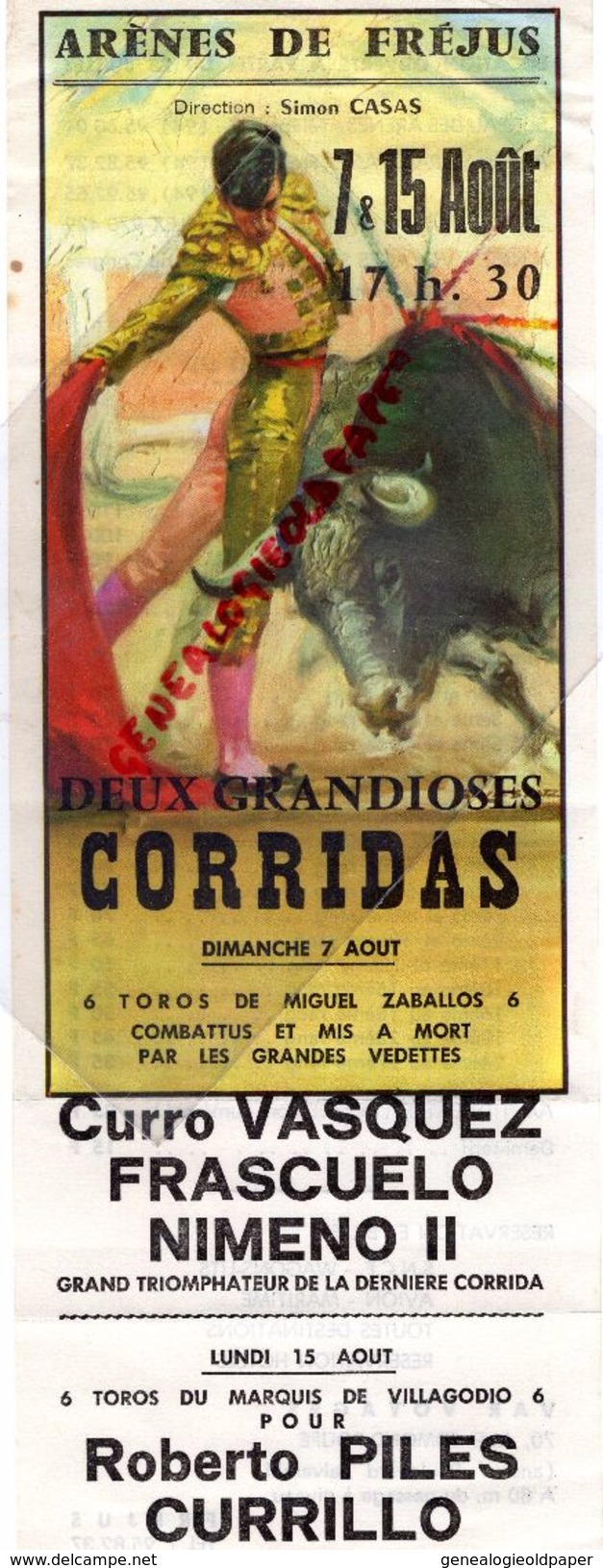 83 - FREJUS- AFFICHETTE ARENES -SIMON CASAS-7/15 AOUT 1970- CORRIDA -MIGUEL ZABALLOS-CURRO VASQUEZ-FRASCUELO-NIMENO II- - Posters