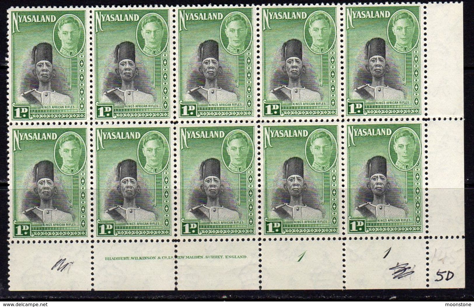 Nyasaland 1945 GVI 1d Soldier, King's African Rifles, Imprint Plate Block Of 10, MNH, SG 145 (BA2) - Nyasaland (1907-1953)