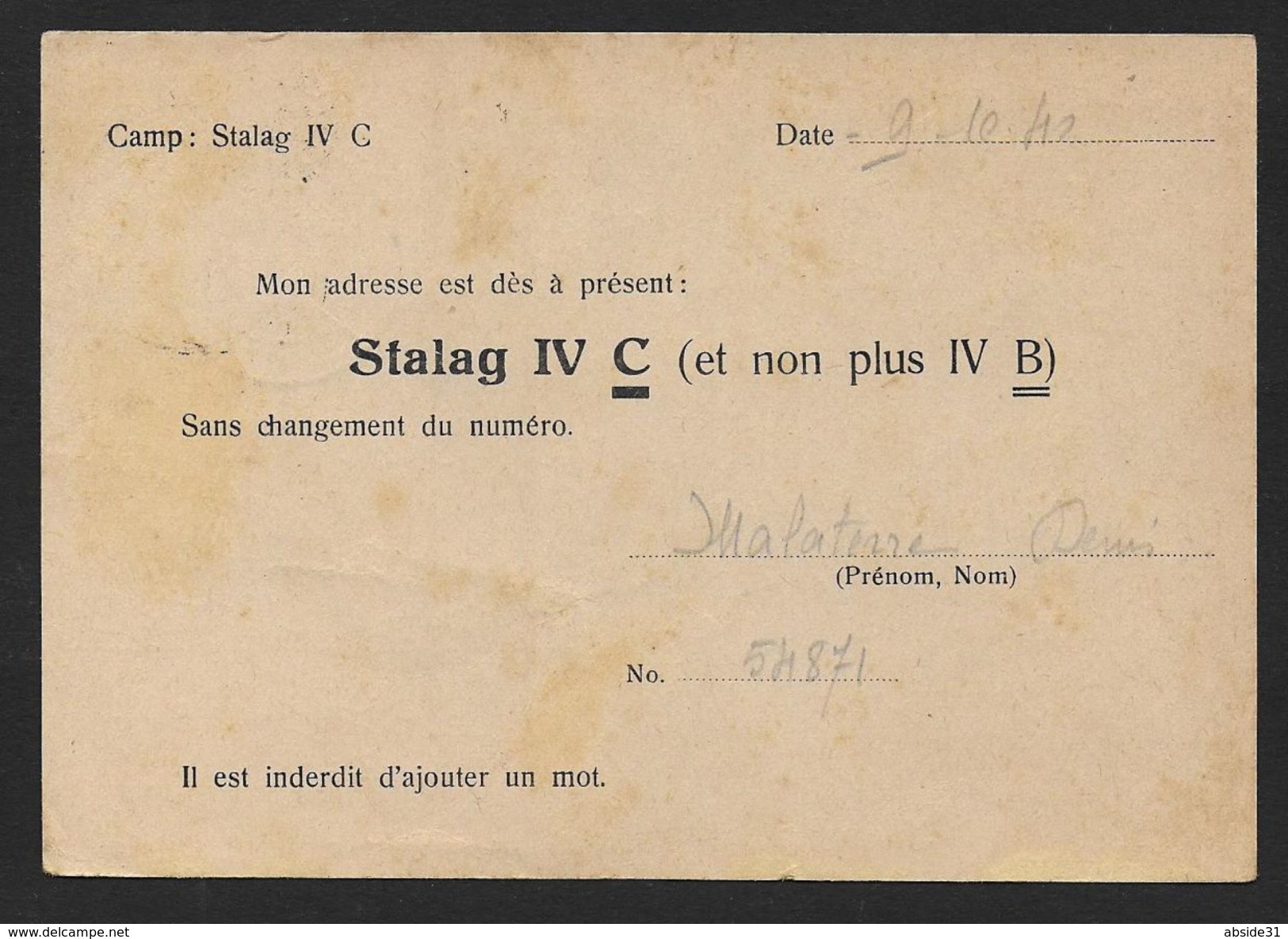 Carte D'un Prisonnier De Guerre-   Stalag IV C ( Et Non Plus IV B ) - 2. Weltkrieg 1939-1945