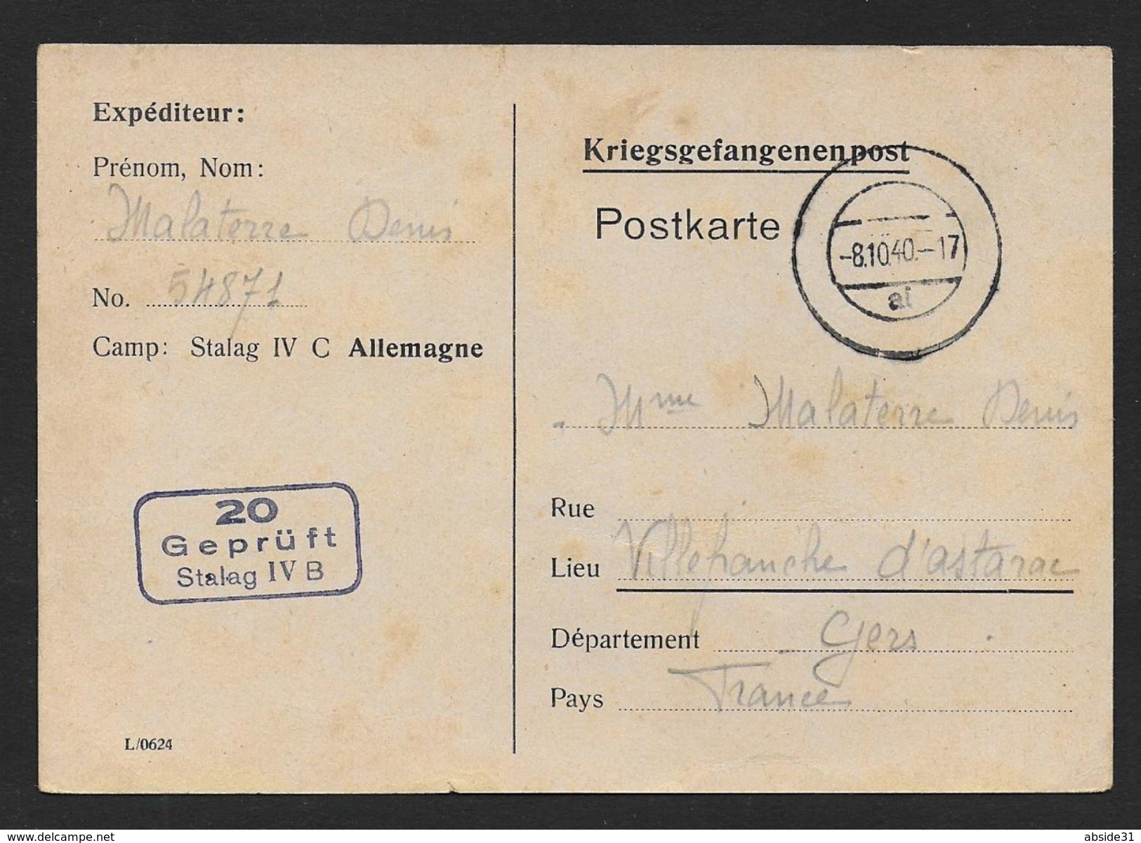 Carte D'un Prisonnier De Guerre-   Stalag IV C ( Et Non Plus IV B ) - 2. Weltkrieg 1939-1945