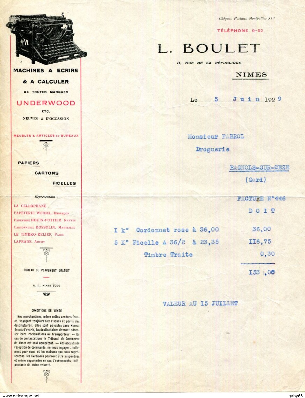 30.GARD.NIMES.MACHINES A ECRIRE & A CALCULER " UNDERWOOD ".PAPIERS.CARTONS.L.BOULET 8 RUE DE LA REPUBLIQUE. - Stamperia & Cartoleria