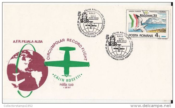 62257- CALIN ROSETTI, CIRCUMPOLAR RECORD FLIGHT, SOUTH POLE, SPECIAL COVER, 1992, ROMANIA - Polar Flights