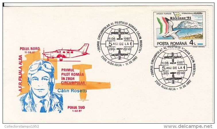 62258- CALIN ROSETTI, CIRCUMPOLAR RECORD FLIGHT, SOUTH POLE, SPECIAL COVER, 1992, ROMANIA - Vuelos Polares