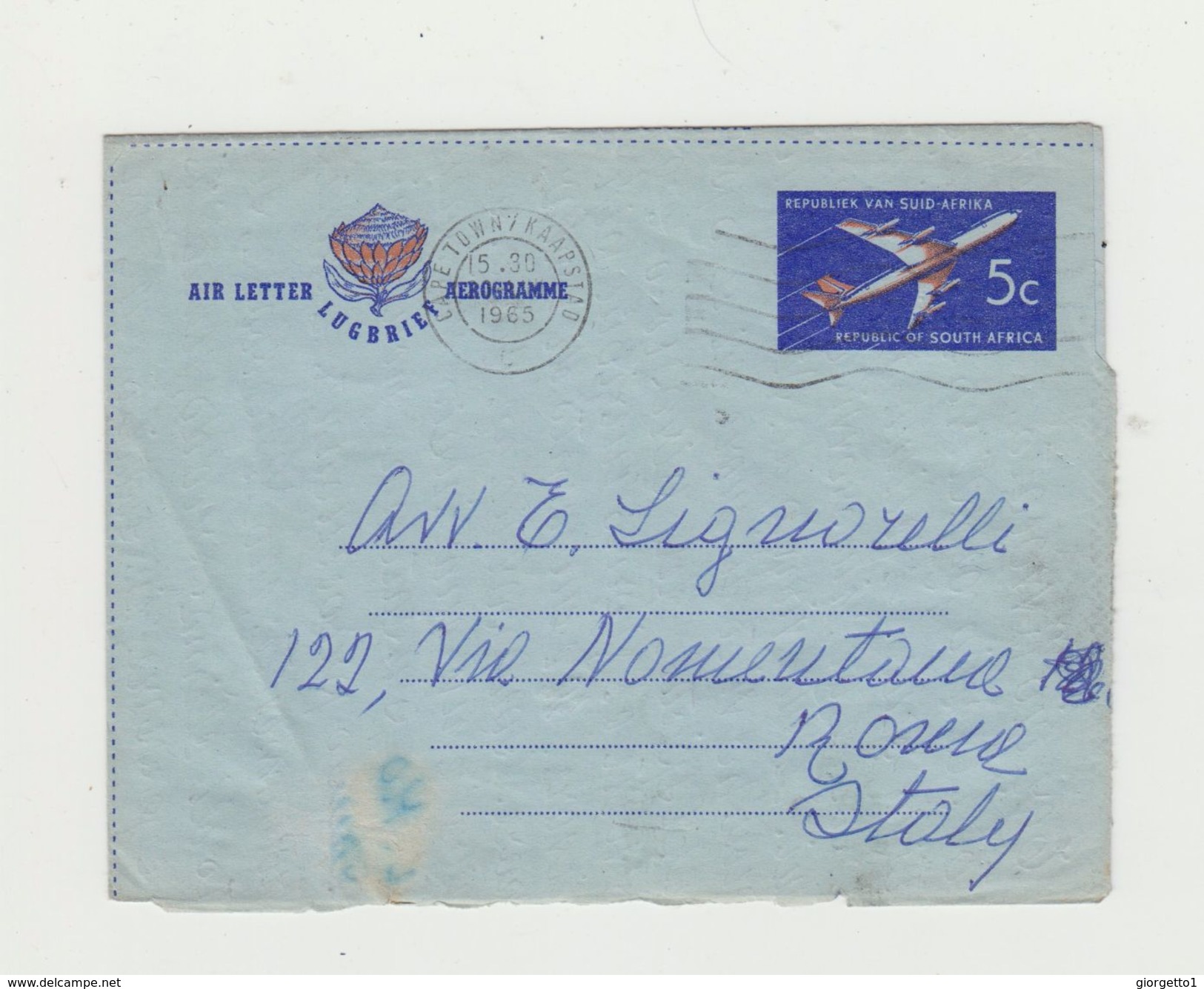 SUD AFRICA - CAPE TOWN - BUSTA AEREA INTERO POSTALE 1965 VIAGGIATA VERSO ROMA - Posta Aerea