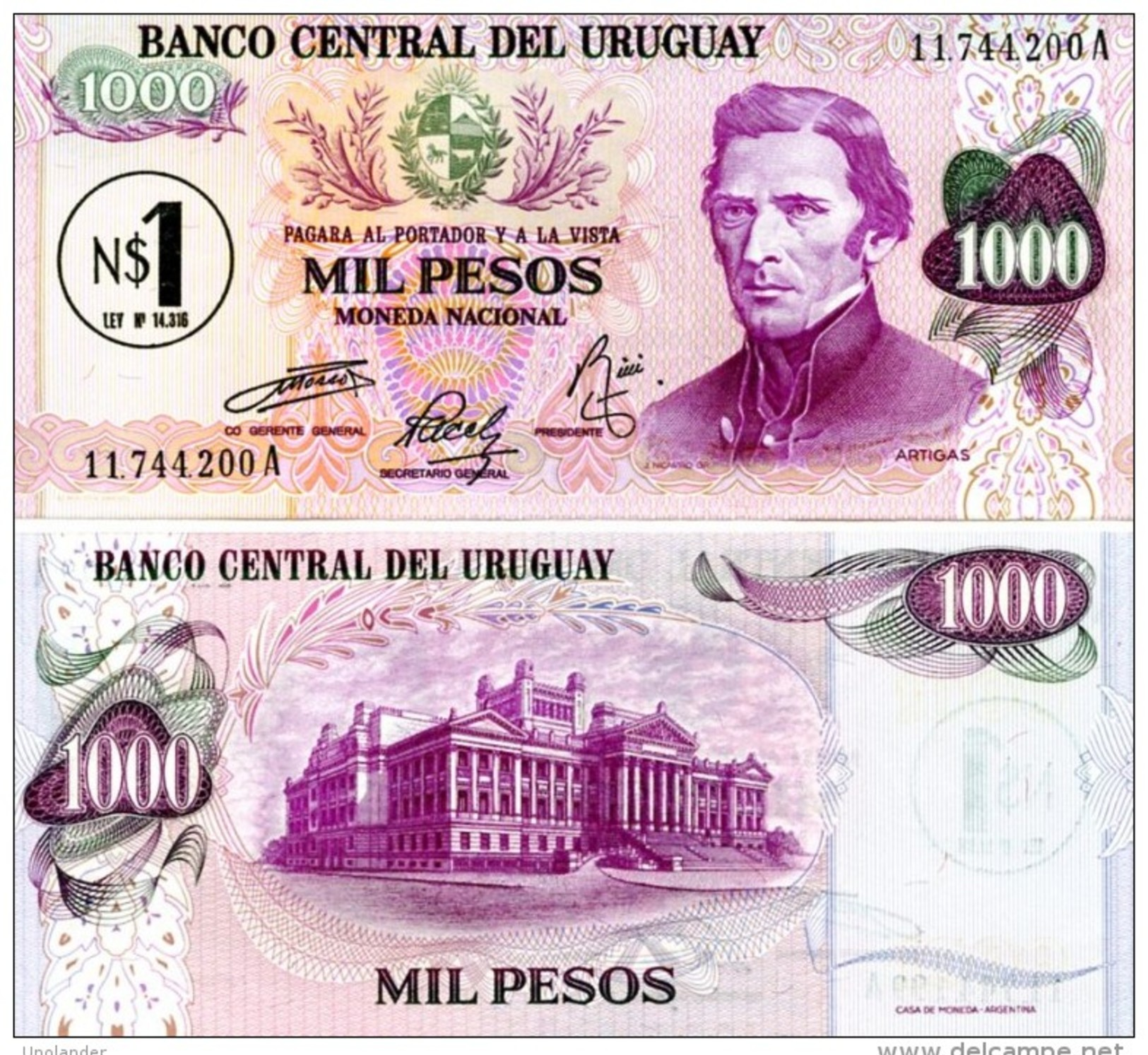 URUGUAY 1 On 1000 Peso Nuevo  ND(1975) P- 56 **UNC** - Uruguay