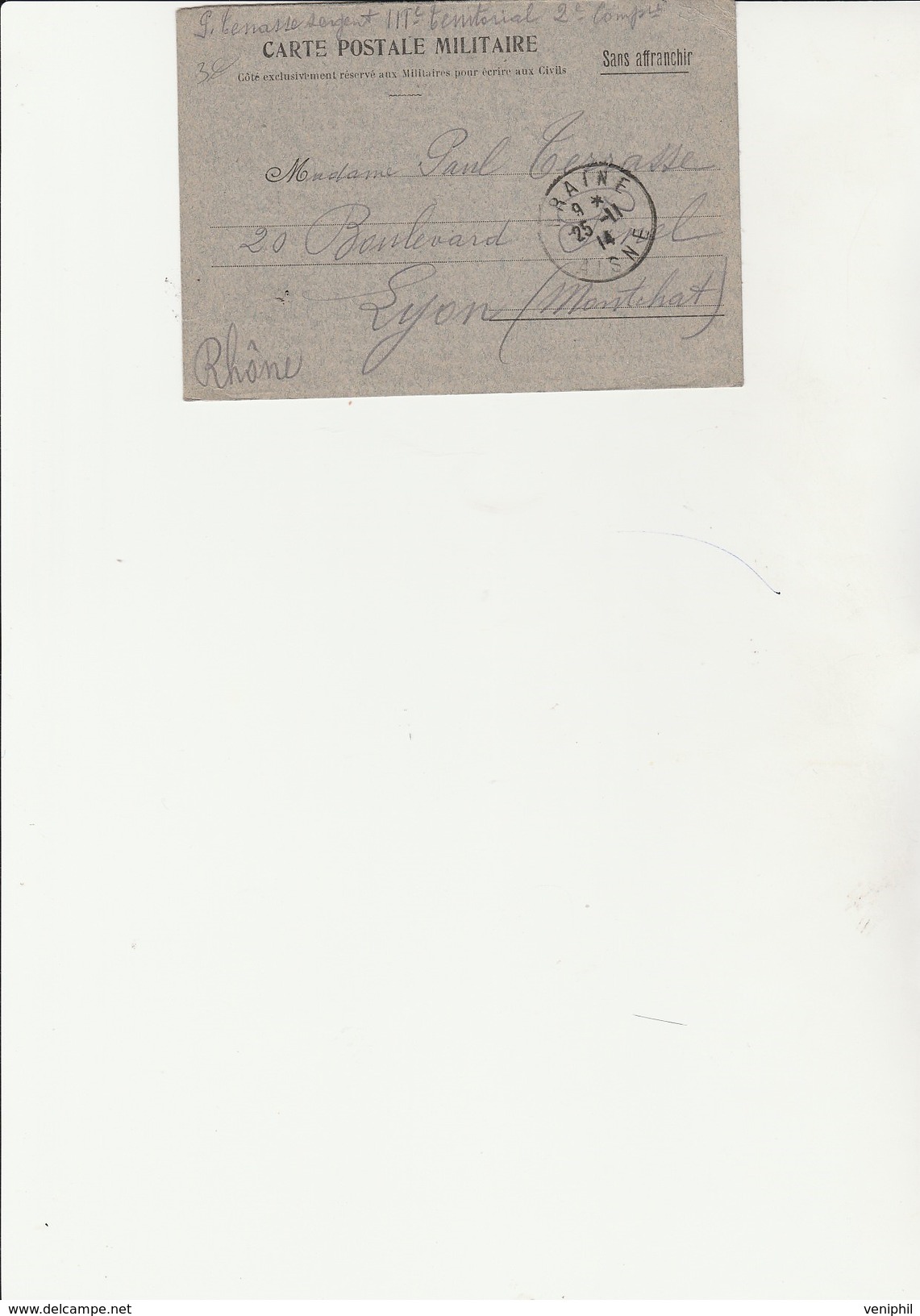 CARTE POSTALE MILITAIRE EN FRANCHISE - CAD BRAINE 25-11-1914 - Lettres & Documents