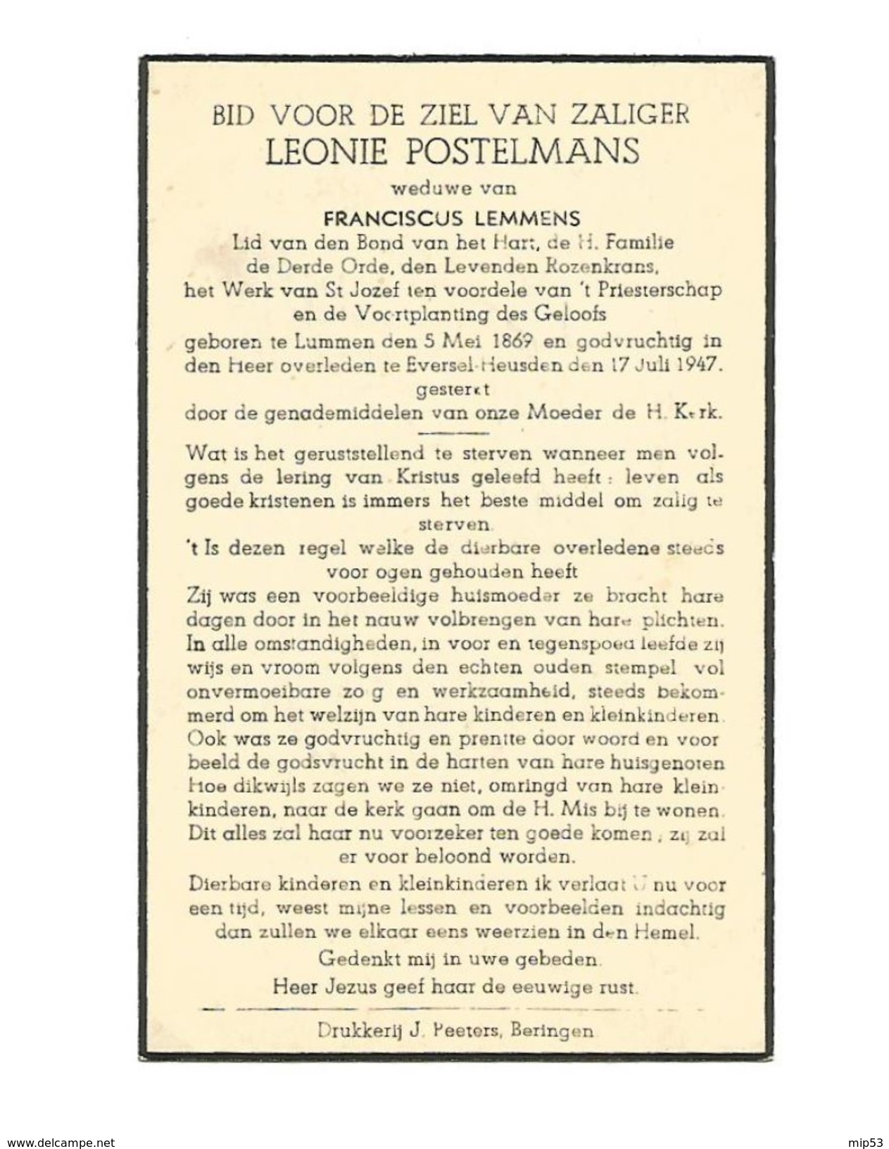 473. LEONIE POSTELMANS  Wed. F.LEMMENS - °LUMMEN 1869 / +EVERSEL-HEUSDEN 1947 - Images Religieuses