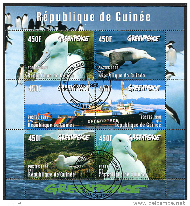 GUINEE FRANCOPHONE 1998, GREENPEACE OISEAUX ALBATROS  BATEAU GREENPEACE, 6 Valeurs En Feuillet, Oblitéré / Used. R885 - Albatros