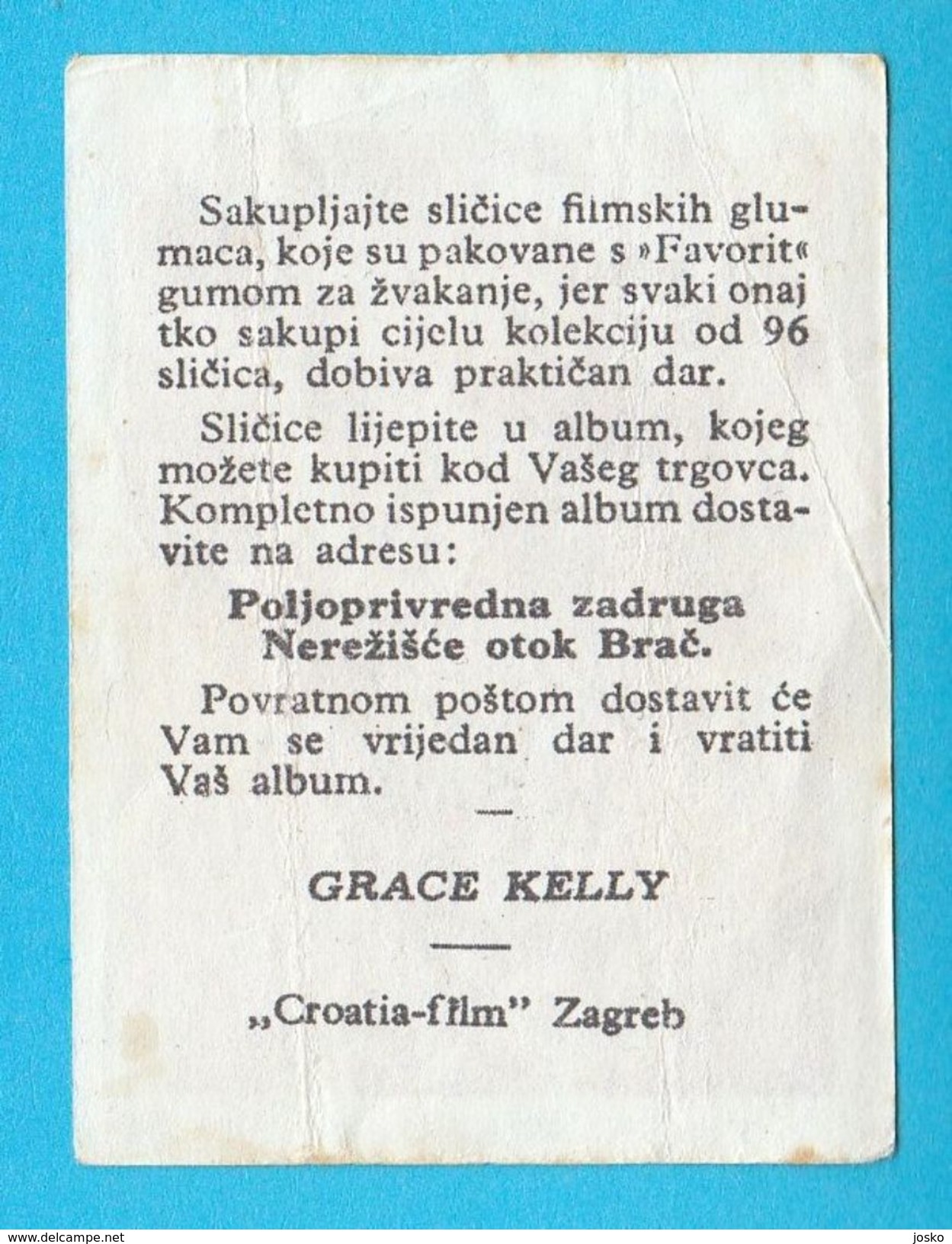 GRACE KELLY ( Princess Of Monaco ) -  Yugoslavian Vintage Collectiable Gum Card Issued 1960's * Princesse De Monaco RRRR - Other & Unclassified