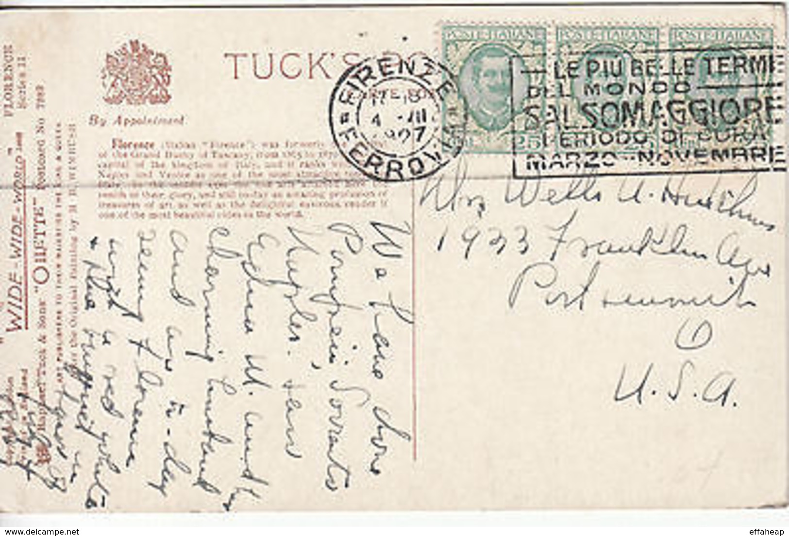 Italy: Postcard, Florence; Firenze To Portsmouth, USA, 4 July 1927 - Non Classificati