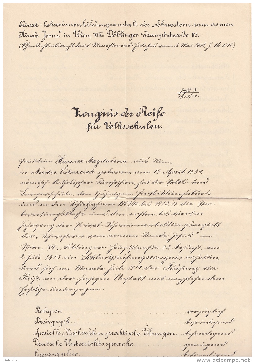 ZEUGNIS Der Reife Für Volksschulen Ausgestellt 1914, 1 Krone Stempelmarke, A3 Format, Größe 34 X 21 Cm, Dok.gefaltet - Diplome Und Schulzeugnisse