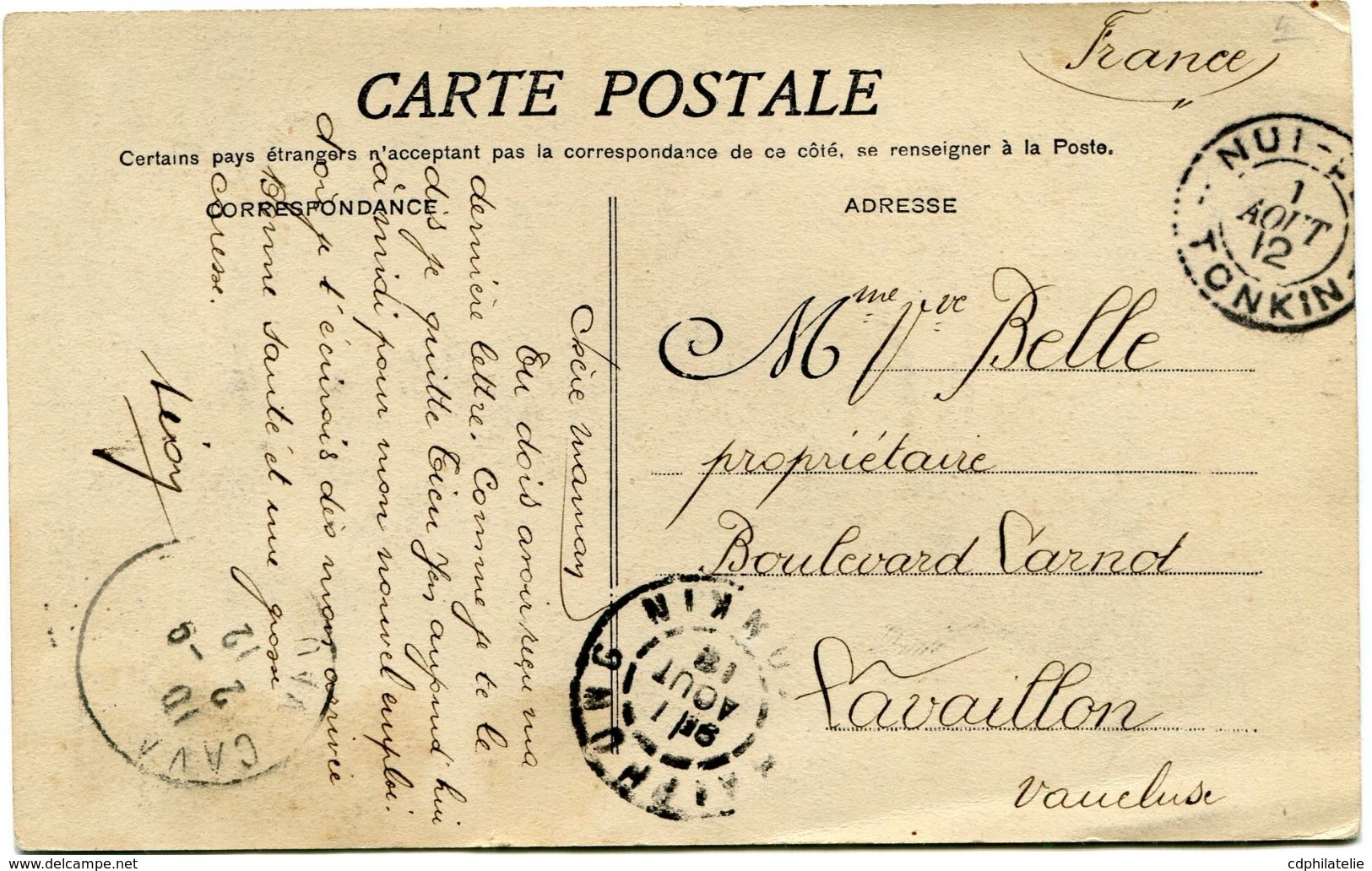 INDOCHINE CARTE POSTALE AVEC OBLITERATION NUI-PHO 1 AOUT 12 TONKIN POUR LA FRANCE - Lettres & Documents