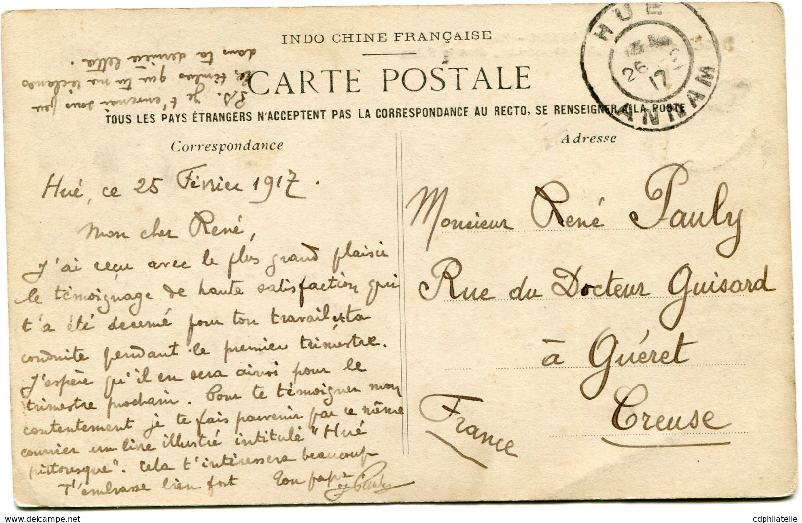 INDOCHINE CARTE POSTALE AVEC OBLITERATION HUE 26-2-17 ANNAM POUR LA FRANCE - Lettres & Documents