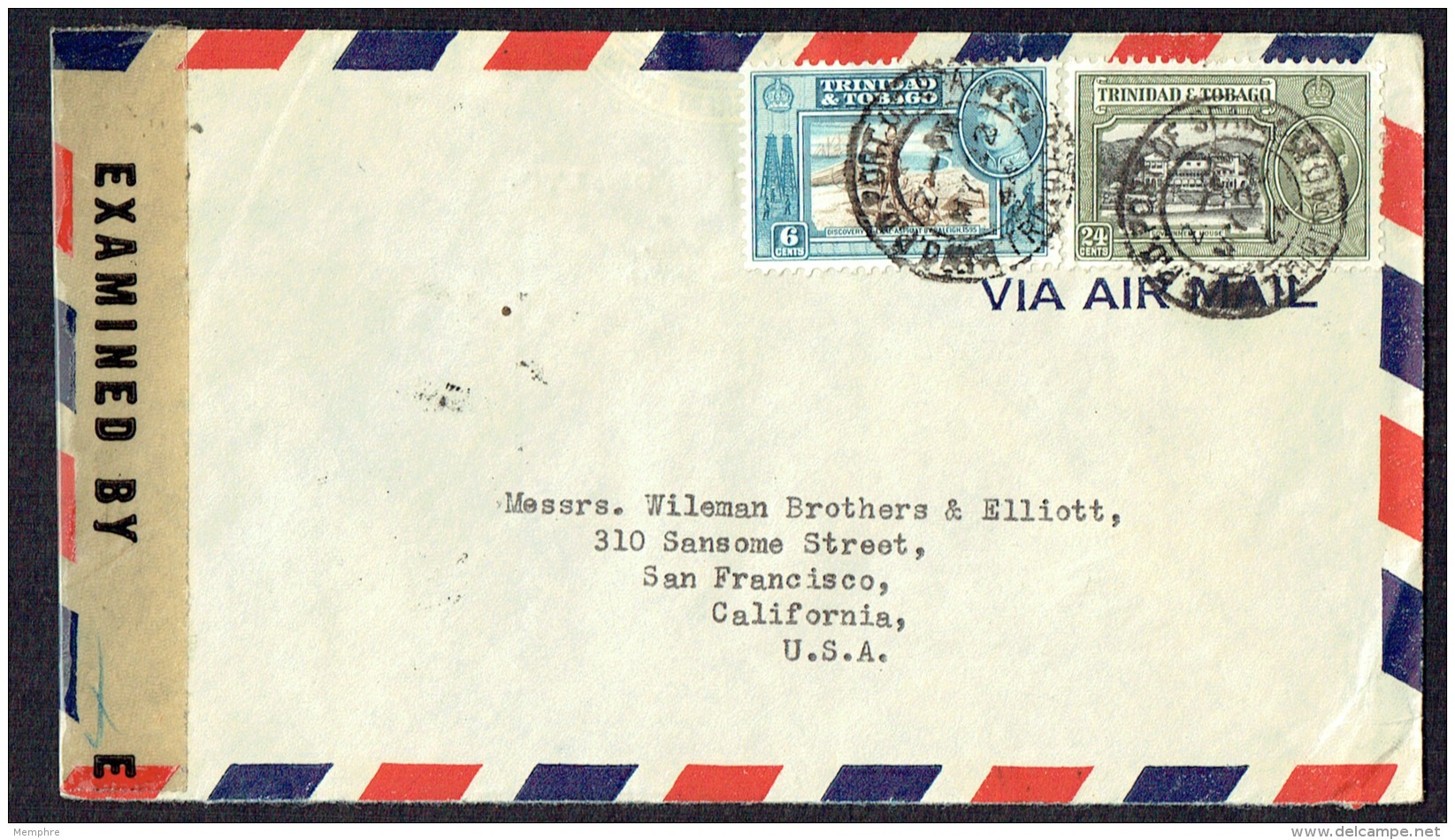 1944 Air Letter To USA SG 250, 253  US Censor Tape - Trinidad Y Tobago