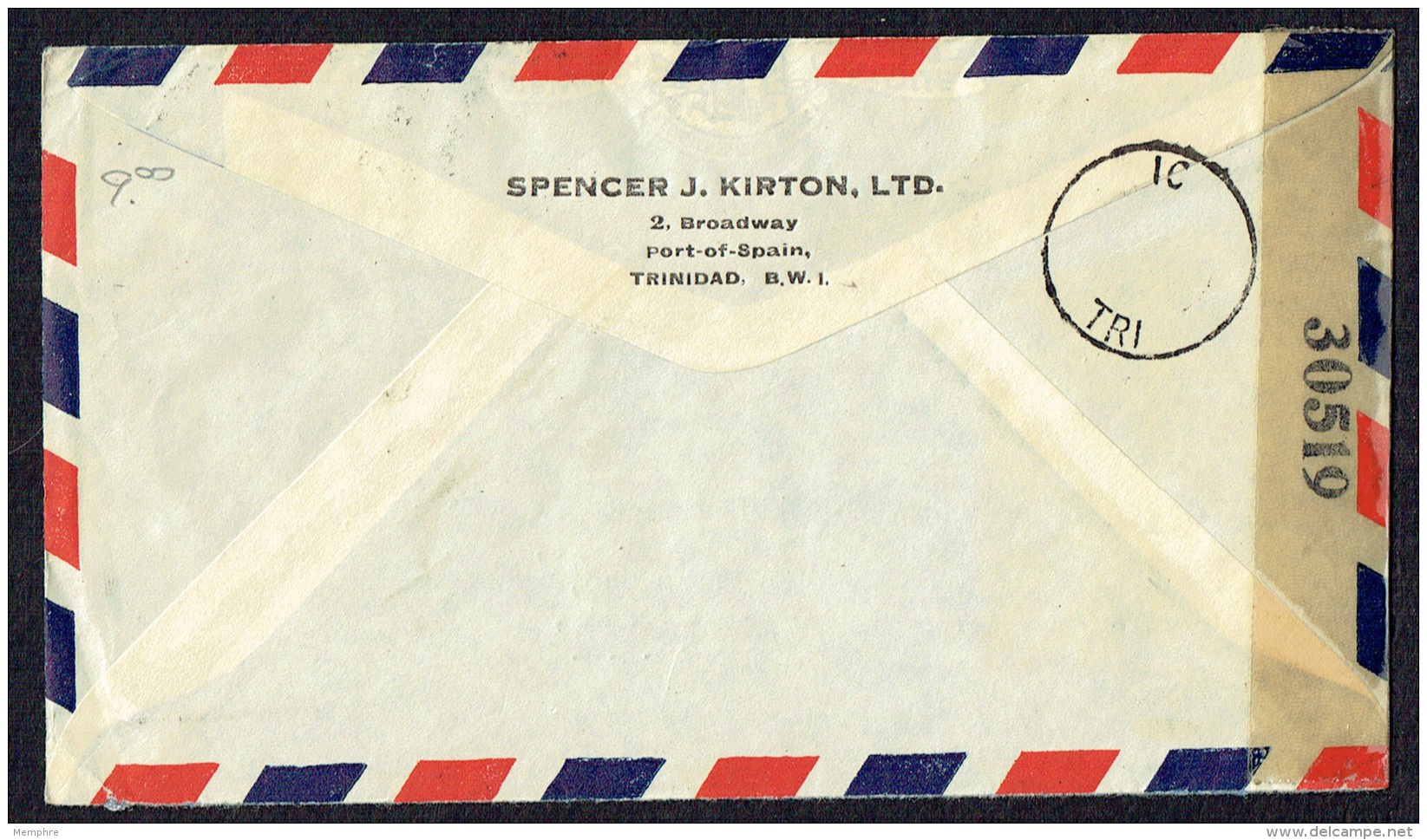 1944 Air Letter To USA SG 250, 253  US Censor Tape - Trinidad & Tobago (...-1961)