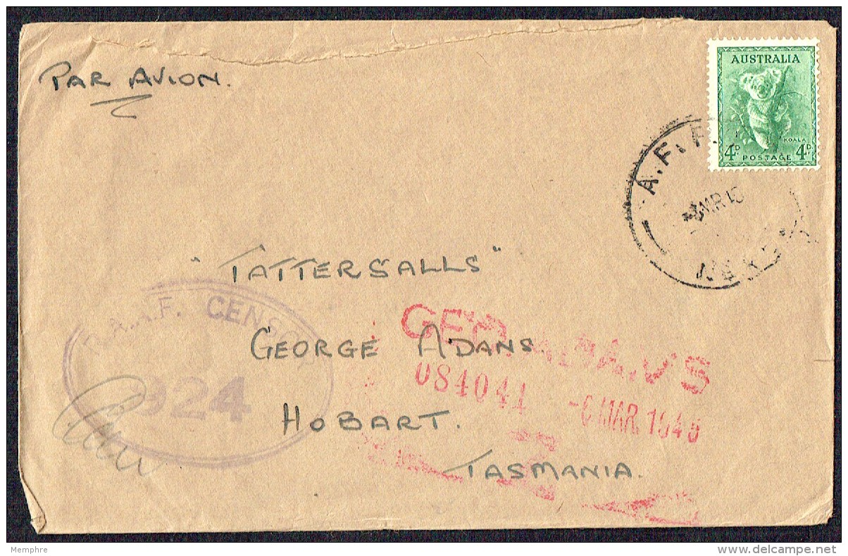 1945 Air Letter To Tattersalls  From AAF PO  - Reduced Rate - RAAF Censor Mark - Lettres & Documents