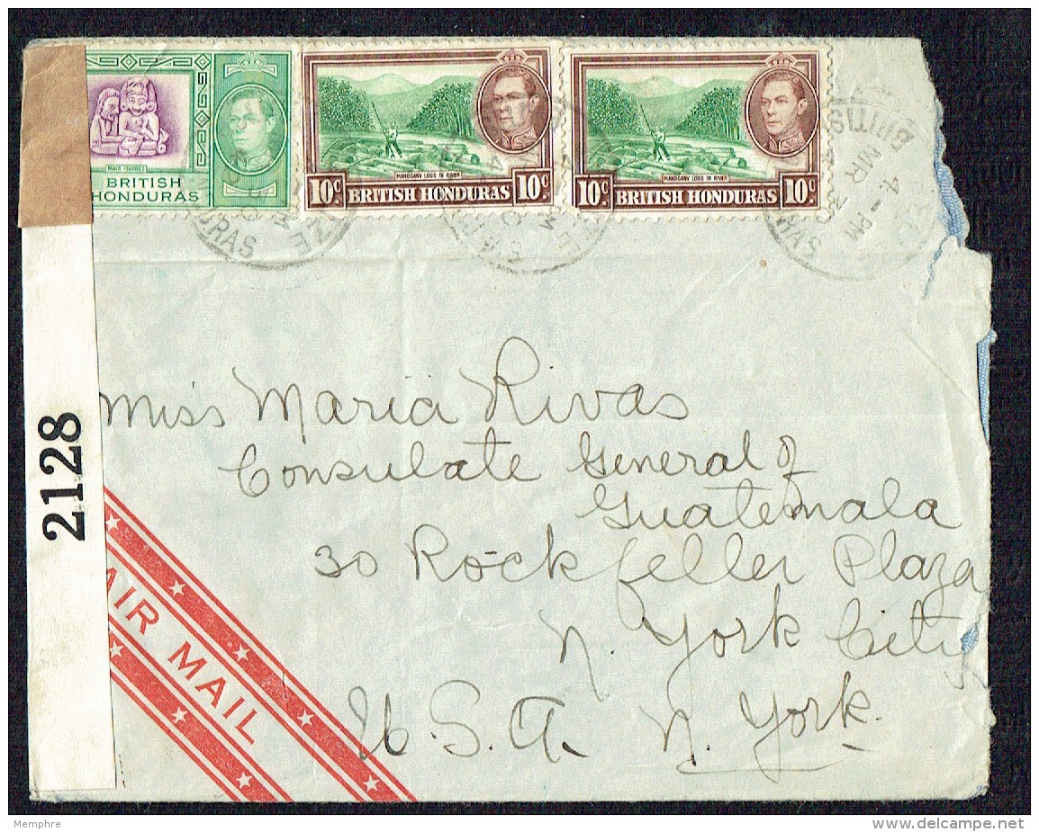 1942  Air Letter To USA  SG 150, 155 X2 US Censor Tape - Brits-Honduras (...-1970)