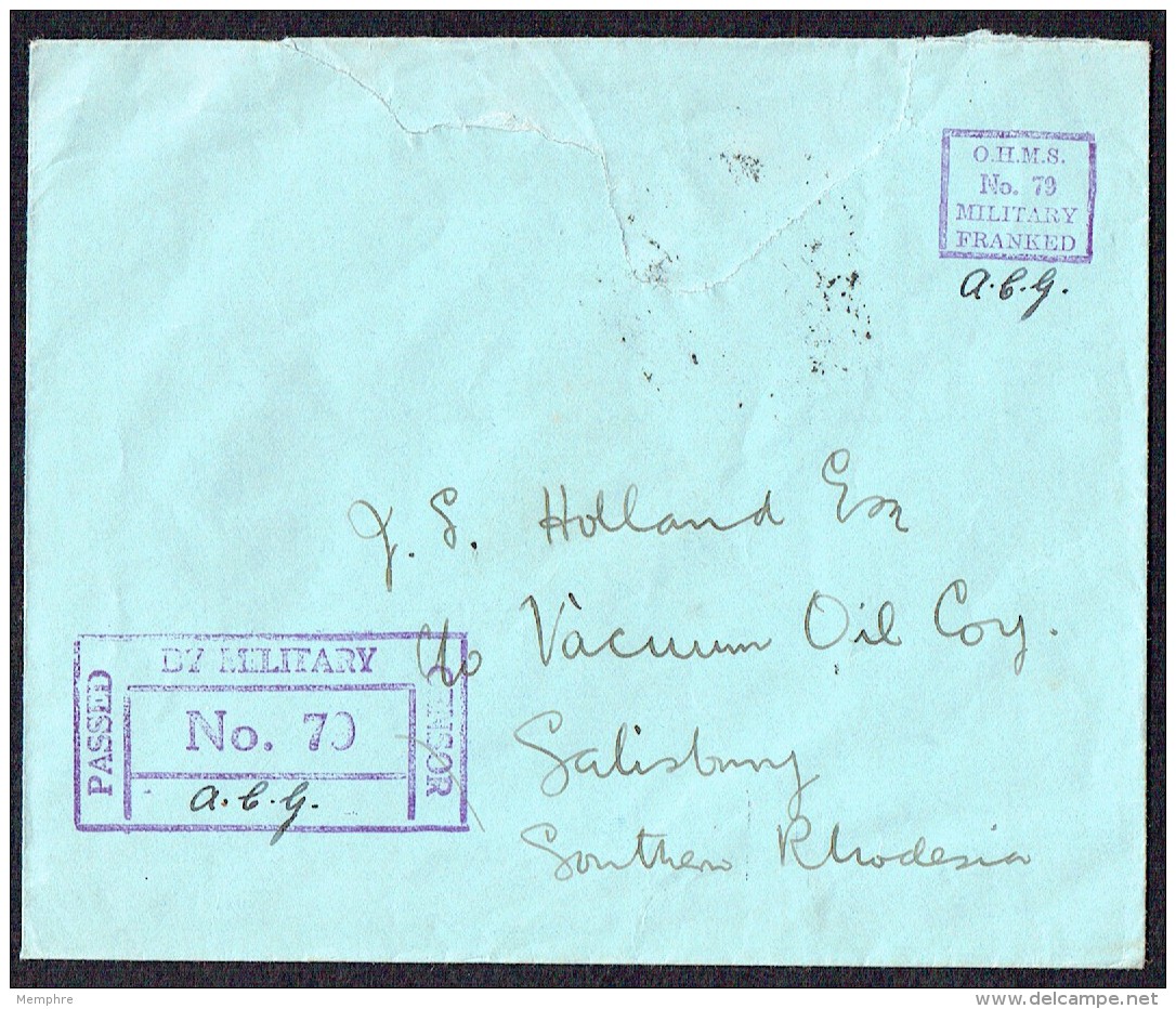 1940 Letter   To  Salisbury  OHMS Military Frankeed And Military Censor - Southern Rhodesia (...-1964)
