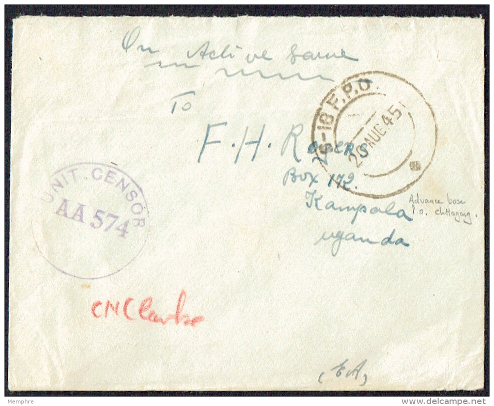 1945 Soldier's Letter To Uganda From FPO 18 (Chittagong) - Military Censor - Kenya, Ouganda & Tanganyika