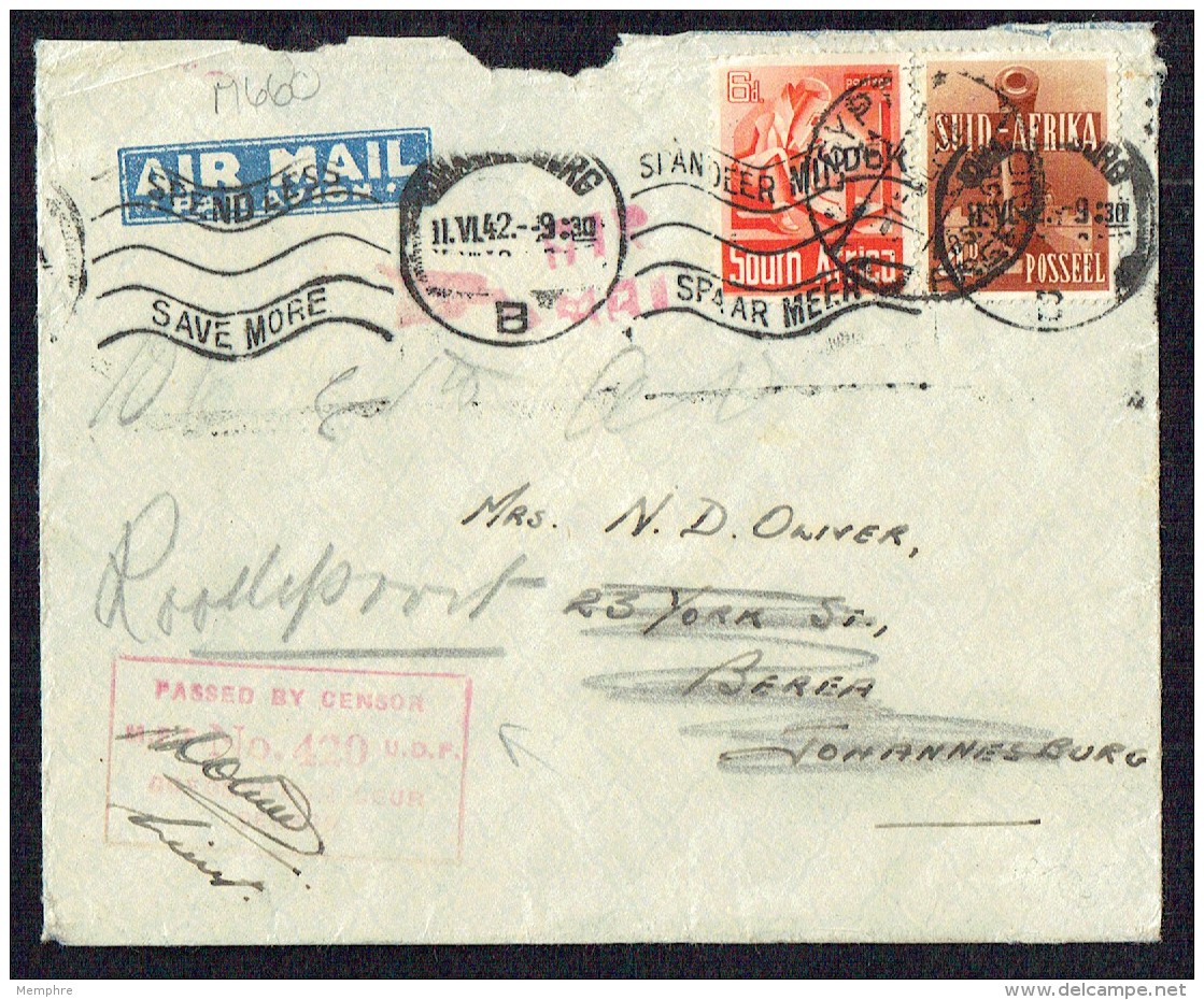 1942 Soldier's Air Mail Letter From Egypt To Johannesburg, Redirected- SG 92, 93 - Military Censor Mark - Briefe U. Dokumente