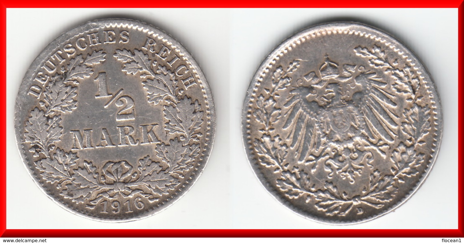 **** ALLEMAGNE - GERMANY - HALF MARK 1916 D -1/2 MARK 1916 D - EMPIRE - ARGENT - SILVER **** EN ACHAT IMMEDIAT - 1/2 Mark