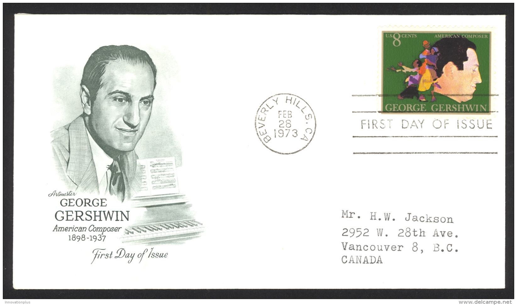 USA Sc# 1484 (Artmaster) FDC Single (a) (Beverly Hills, CA) 1973 2.28 George Gershwin - 1971-1980