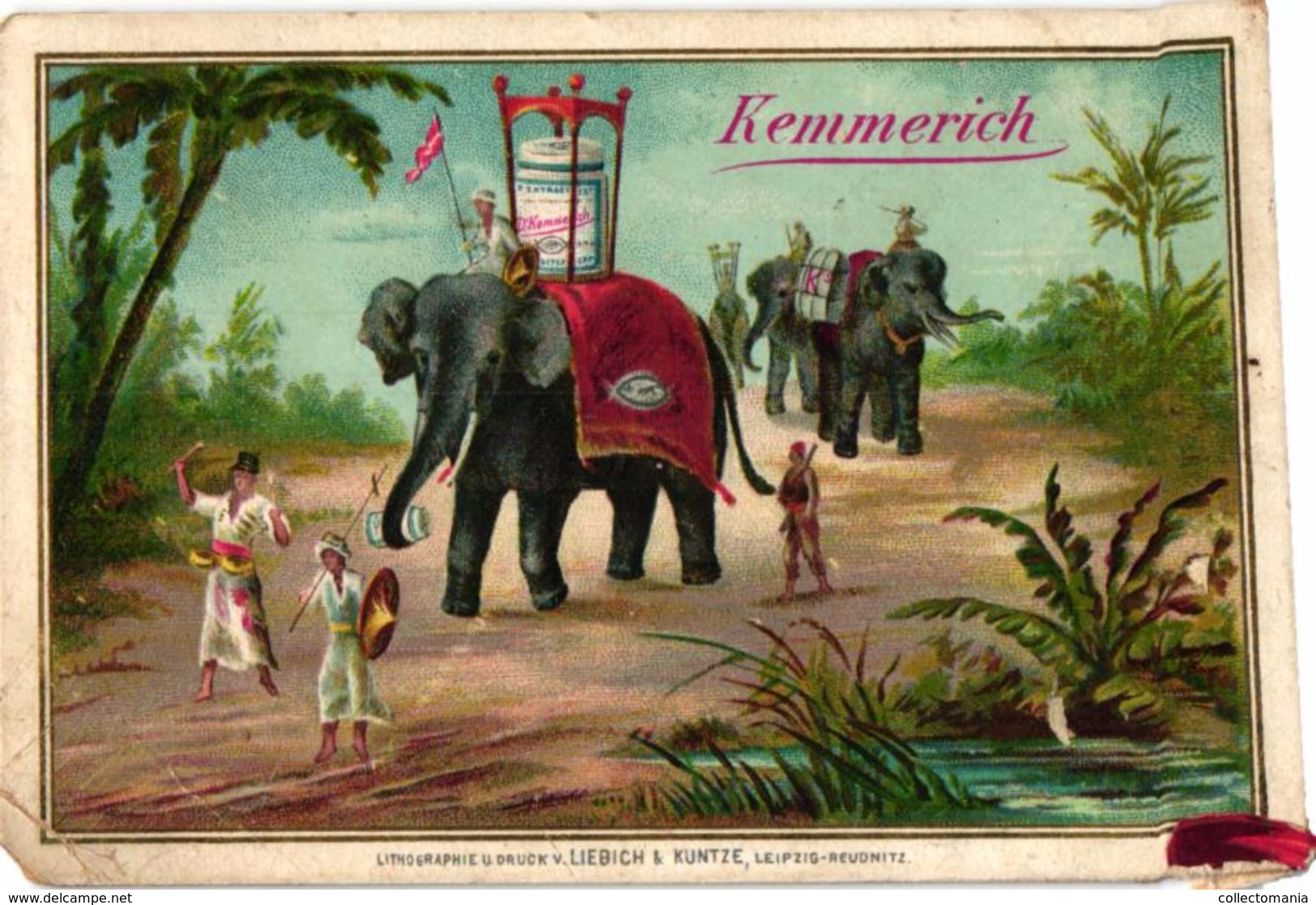 6 litho chromos KEMMERICH extrait de viande - c1890 - printer LIEBICH & KUNTZE élephant chameau explorers indiens