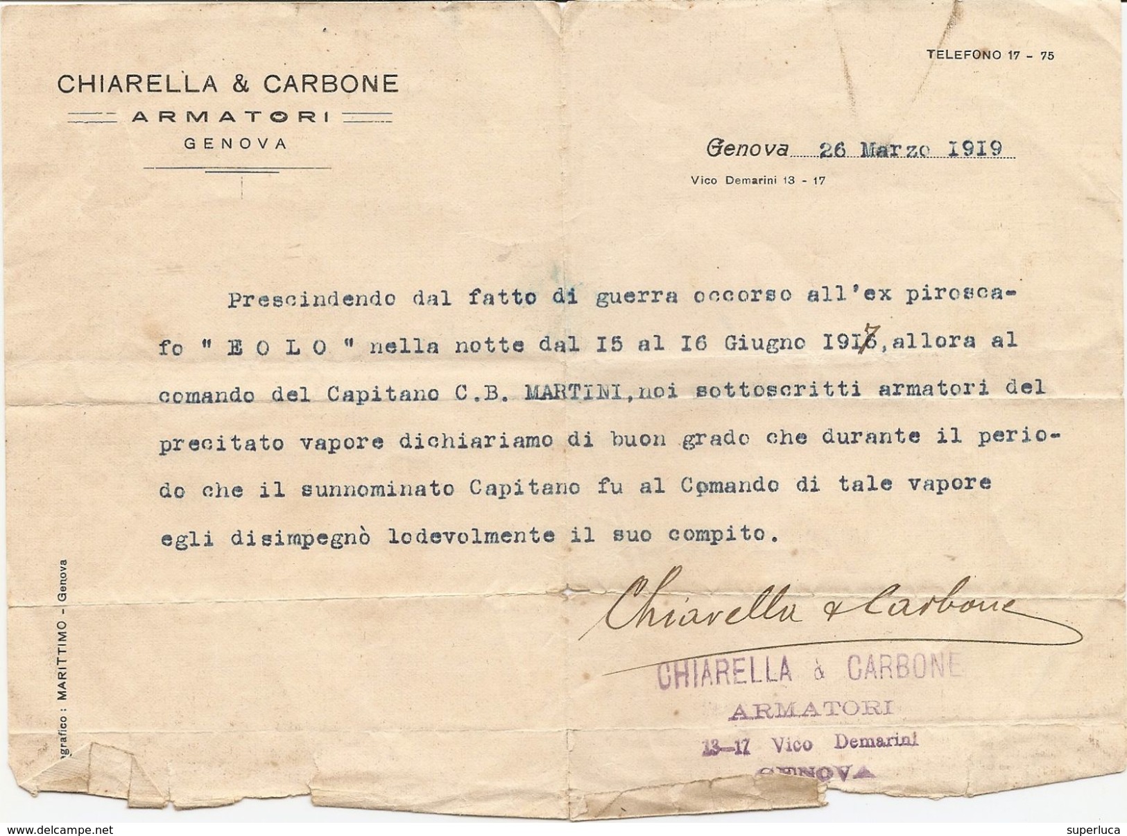 2-PIROSCAFO"EOLO"26-3-1919 DICHIARAZIONE DEGLI ARMATORI (CHIARELLA&CARBONE-FIRMATA DAGLI STESSI)VEDI DESCRIZIONE - Other & Unclassified