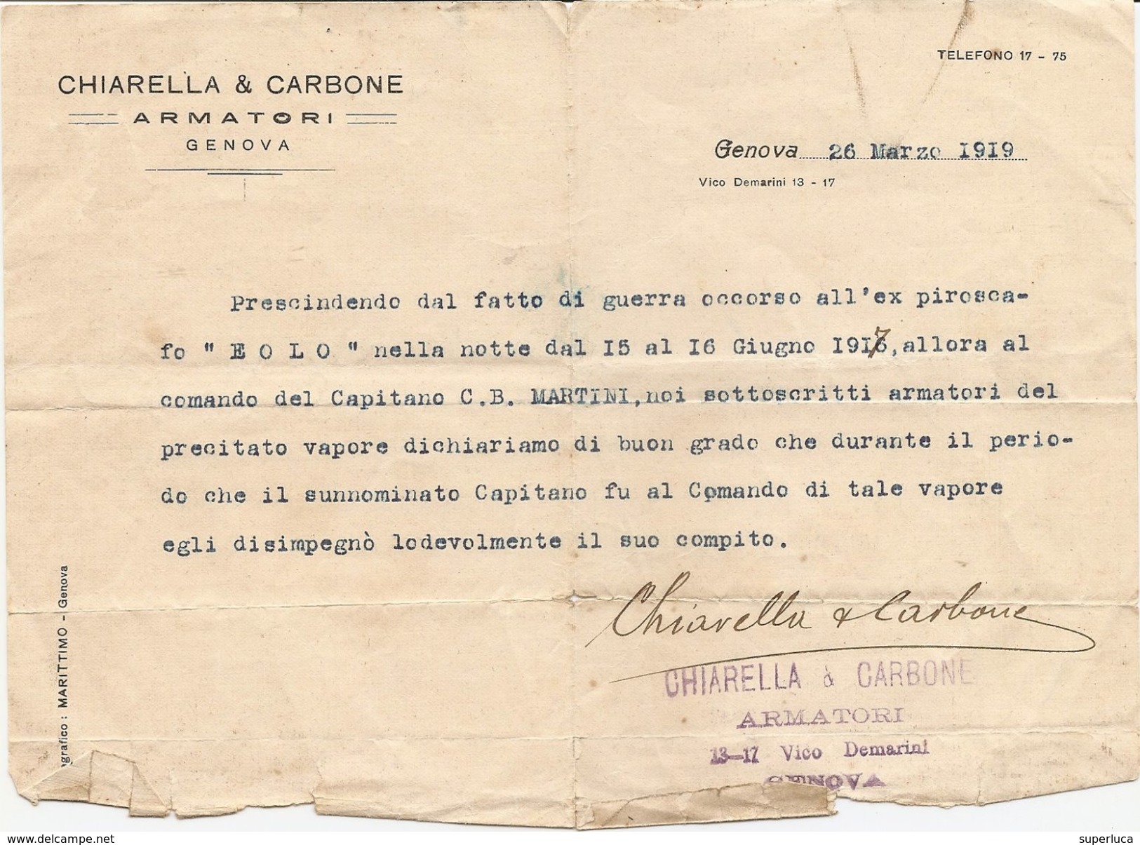 2-PIROSCAFO"EOLO"26-3-1919 DICHIARAZIONE DEGLI ARMATORI (CHIARELLA&CARBONE-FIRMATA DAGLI STESSI)VEDI DESCRIZIONE - Altri & Non Classificati