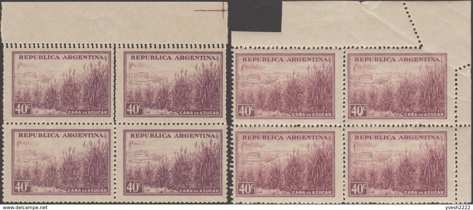 Argentine 1948 Y&T 452A. 2 Blocs De 4, Double Perforation Partielle Et Pli De La Feuille. Canne à Sucre Et Sucrerie - Agriculture