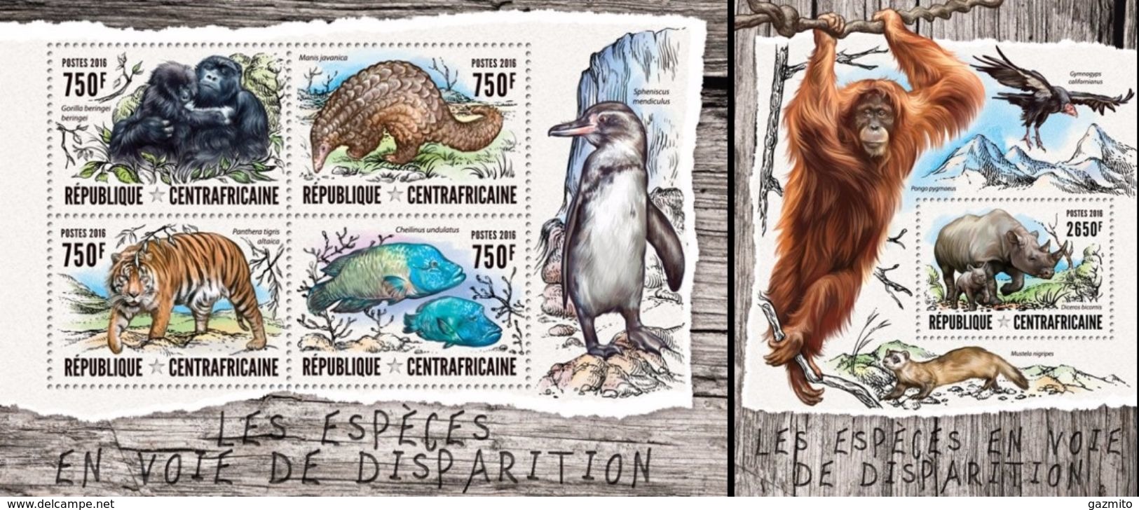 Centrafrica 2016, Animals, Penguins, Tiger, Gorillas, Fishes, 4val In BF +BF - Gorilas