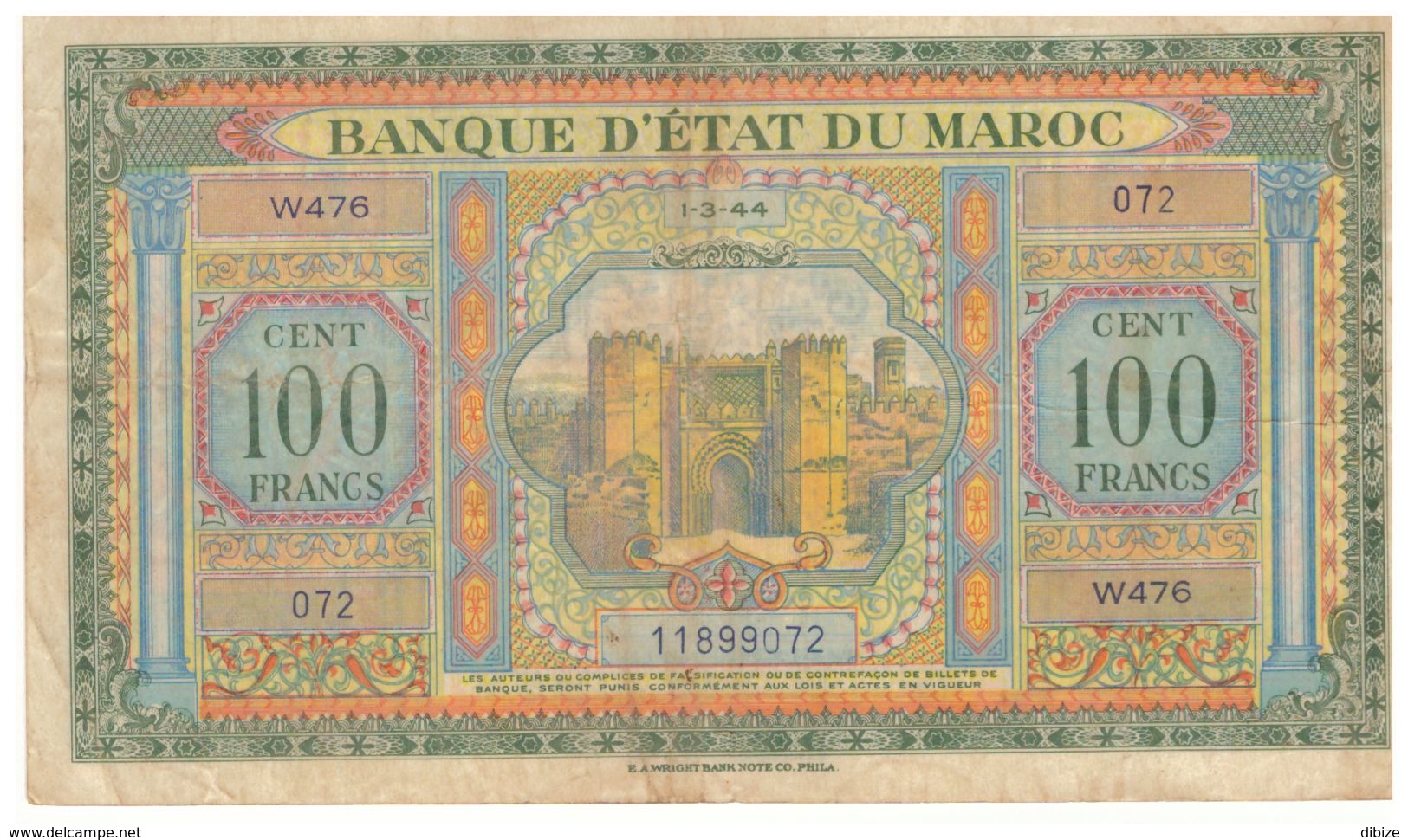 Maroc 2 Billets De 100 Francs  1943 Et 1944 ( 2ème Et 3ème émission) Grand Format - Maroc