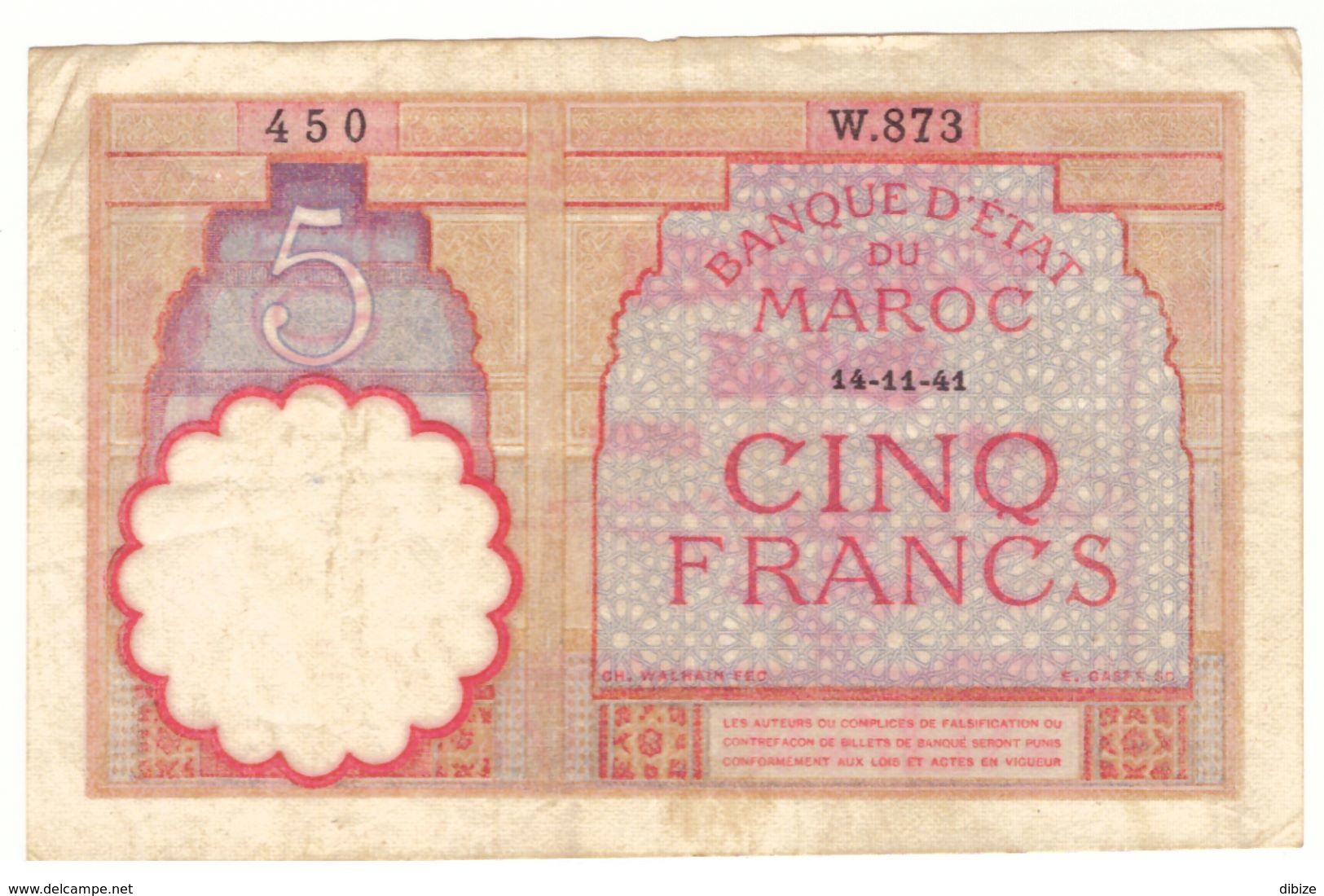 Maroc Billet De 5 Francs De 1941 (14-11-1941). Etat Moyen. Port 4 Euros En Recommandé. - Marokko
