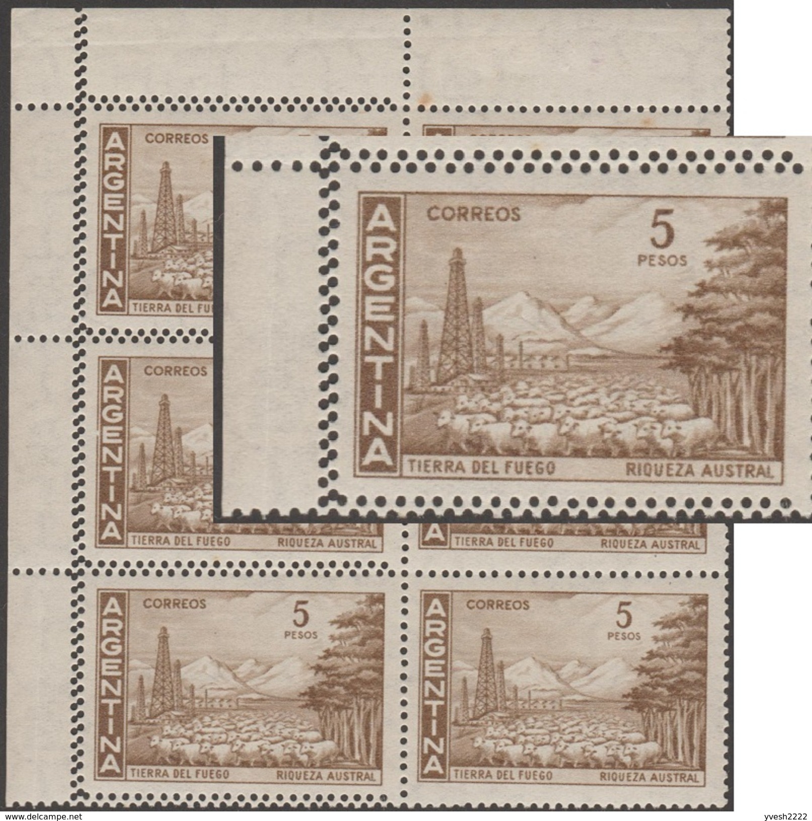 Argentine 1959 Y&T 606.Curiosité, Double Piquage Partiel. Terre De Feu, Richesse Australe. Moutons, Montagnes, Arbres - Volcans