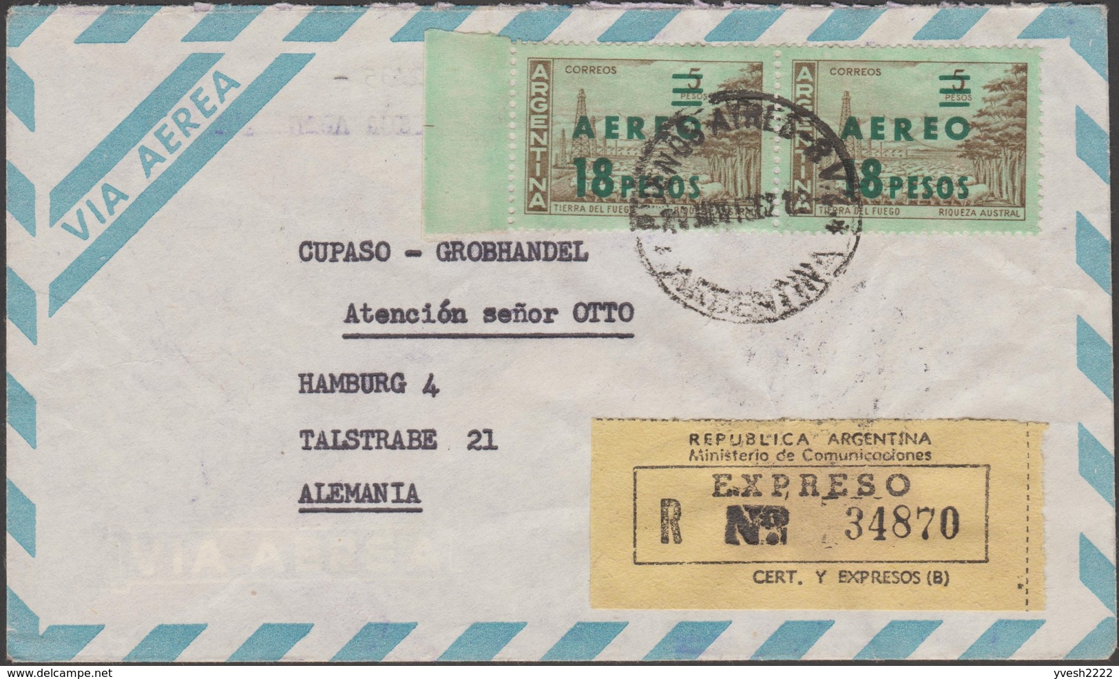 Argentine 1962 Y&T PA 87, Michel 804, Sur Recommandé Exprès Pour L'Allemagne. Terre De Feu. Etiquette Recommandé Exprès - Storia Postale