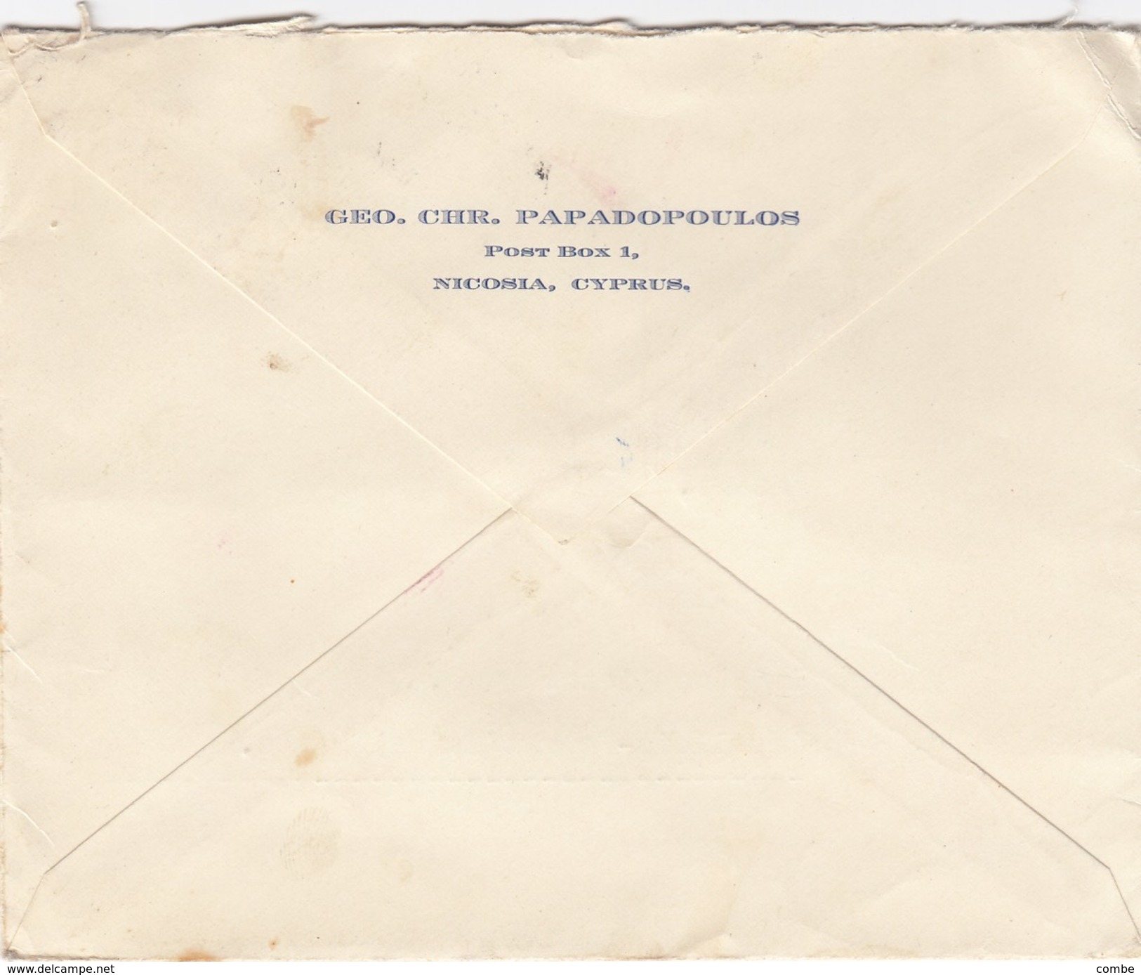 LETTRE. COVER.  CYPRUS. 20 7 1946. GEO. CHR. PAPADOPOULOS NICOSIA TO LEVALLOIS-PERRET FRANCE. - Cyprus (...-1960)