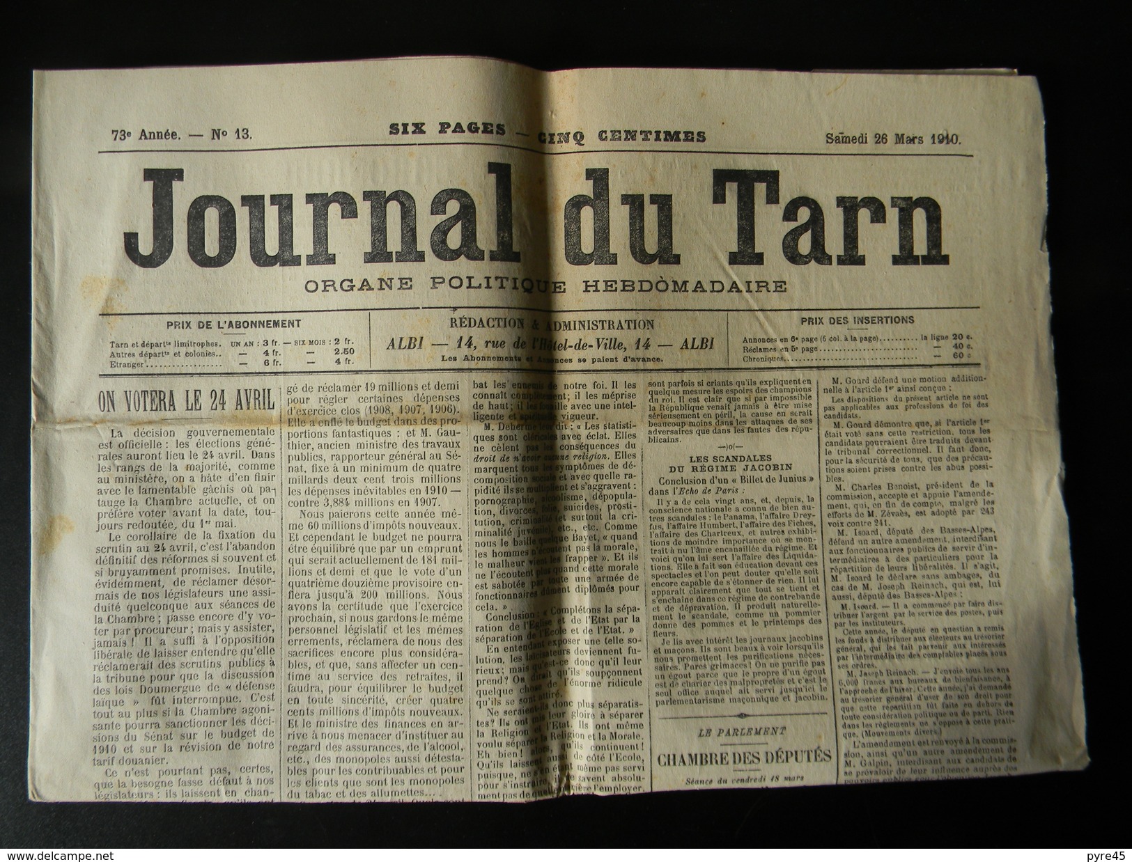 Le Journal Du Tarn Du 26 Mars 1910 N° 13 , 6 Pages - Autres & Non Classés