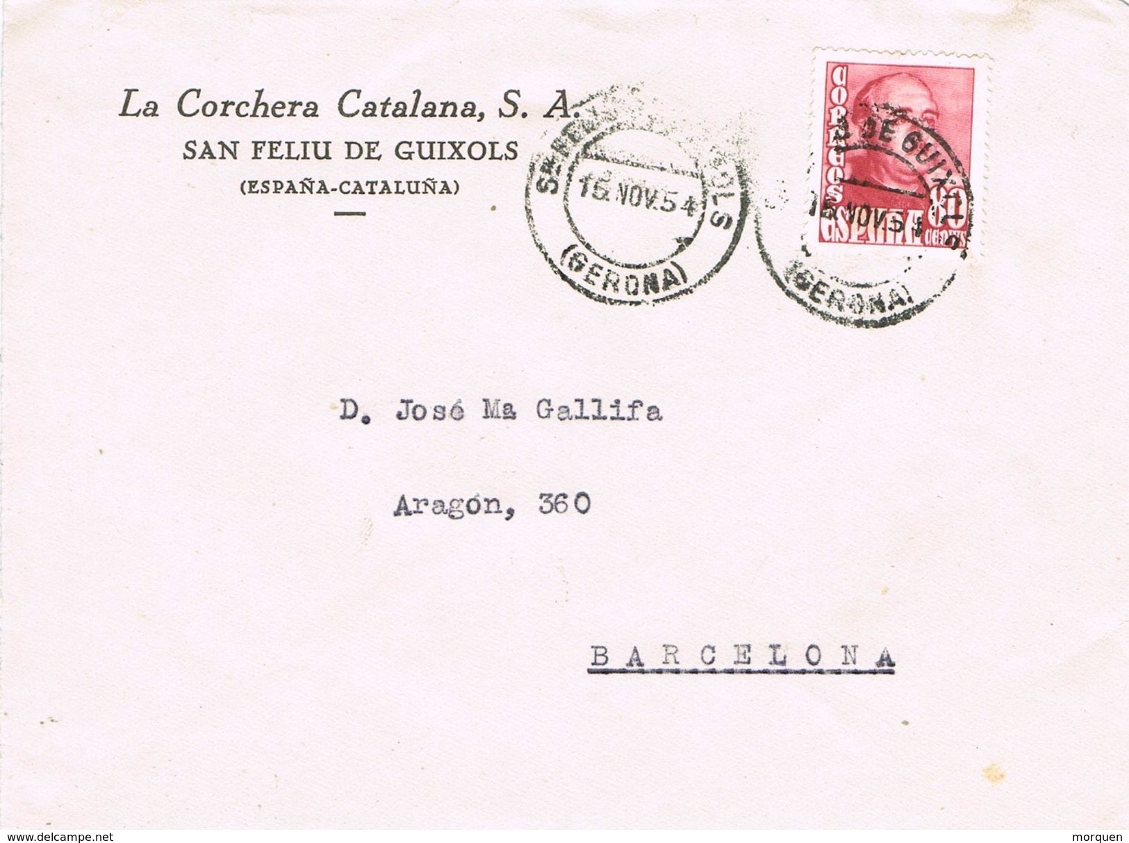 24756.  Frontal Comercial SAN FELIU De GUIXOLS (Gerona) 1954. La Corchera Catalana - Lettres & Documents