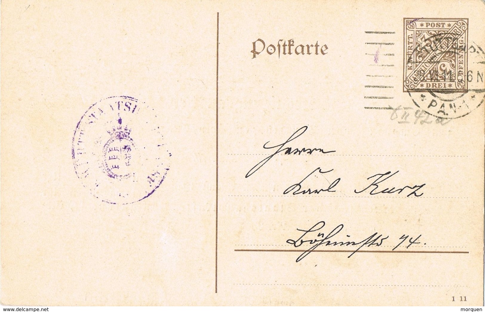 24759.  Entero Postal Privado Servicio Oficial STUTTGART (Alemania Reich) 1911 - Oficial