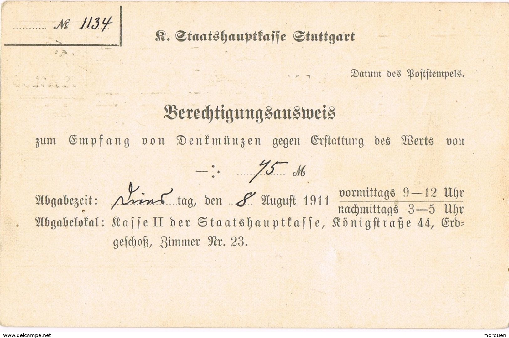 24759.  Entero Postal Privado Servicio Oficial STUTTGART (Alemania Reich) 1911 - Oficial