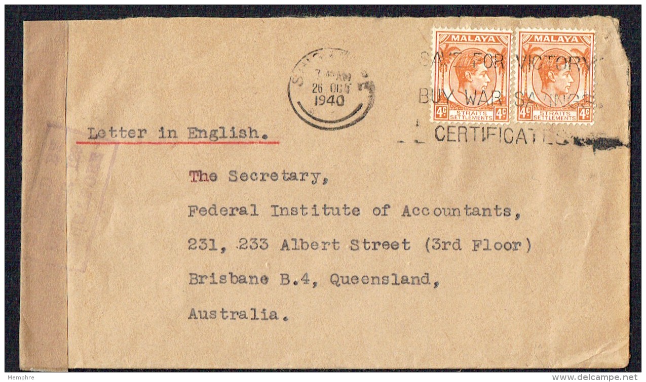 1940 Letter To Australia   Singapore Censor Mark &amp; Tape - Straits Settlements