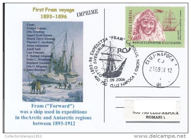 62416- FRAM SHIP, CREW, ARCTIC EXPEDITION, SPECIAL POSTCARD, 2006, ROMANIA - Expediciones árticas