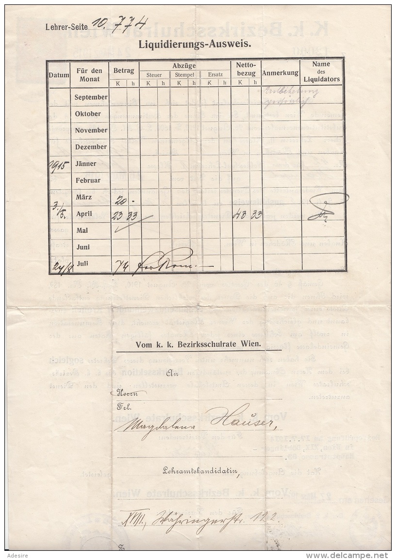 Dokument K.k. Bezirksschulrat Ausgestellt 1915, 50 Heller Stempelmarke, A3 Format, Größe 34 X 21 Cm, Dok.gefaltet - Historische Dokumente