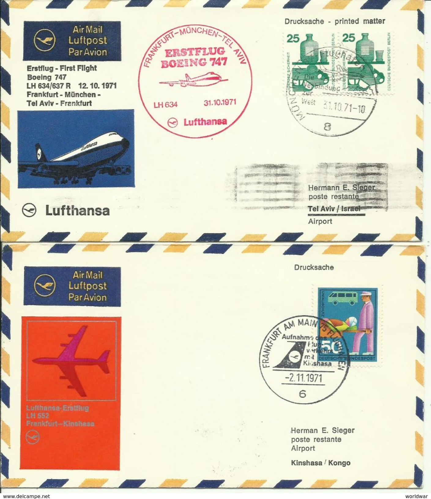 1971 Lufthansa  First Flight Frankfurt-München-Tel Aviv & Frankfurt - Kinshasa - Airplanes