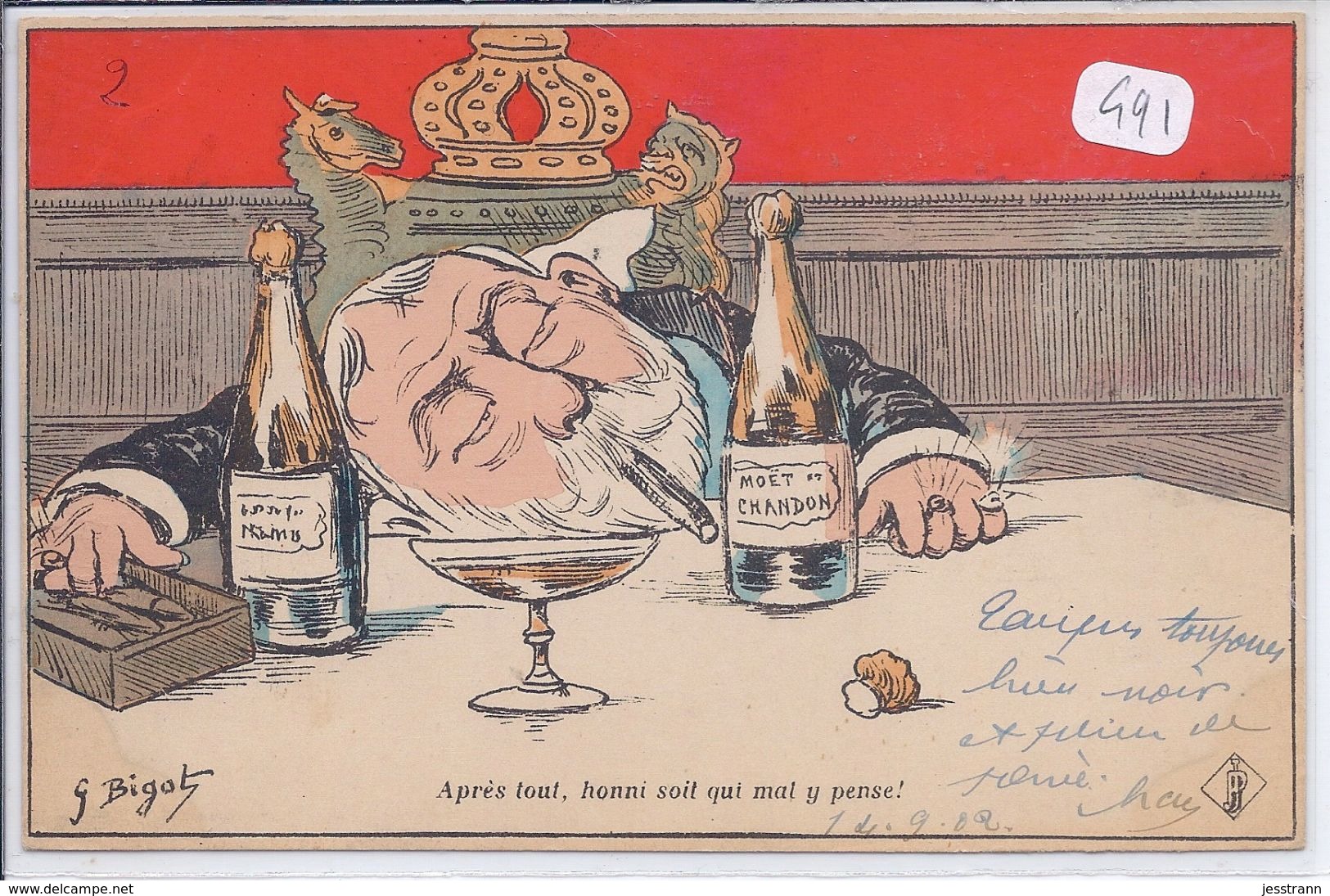 BIGOT- SATIRIQUE- EDOUARD VII-HONNI SOIT QUI MAL Y PENSE- BOUTEILLE MOET ET CHANDON A LA TABLE DU SOUVERAIN - Bigot