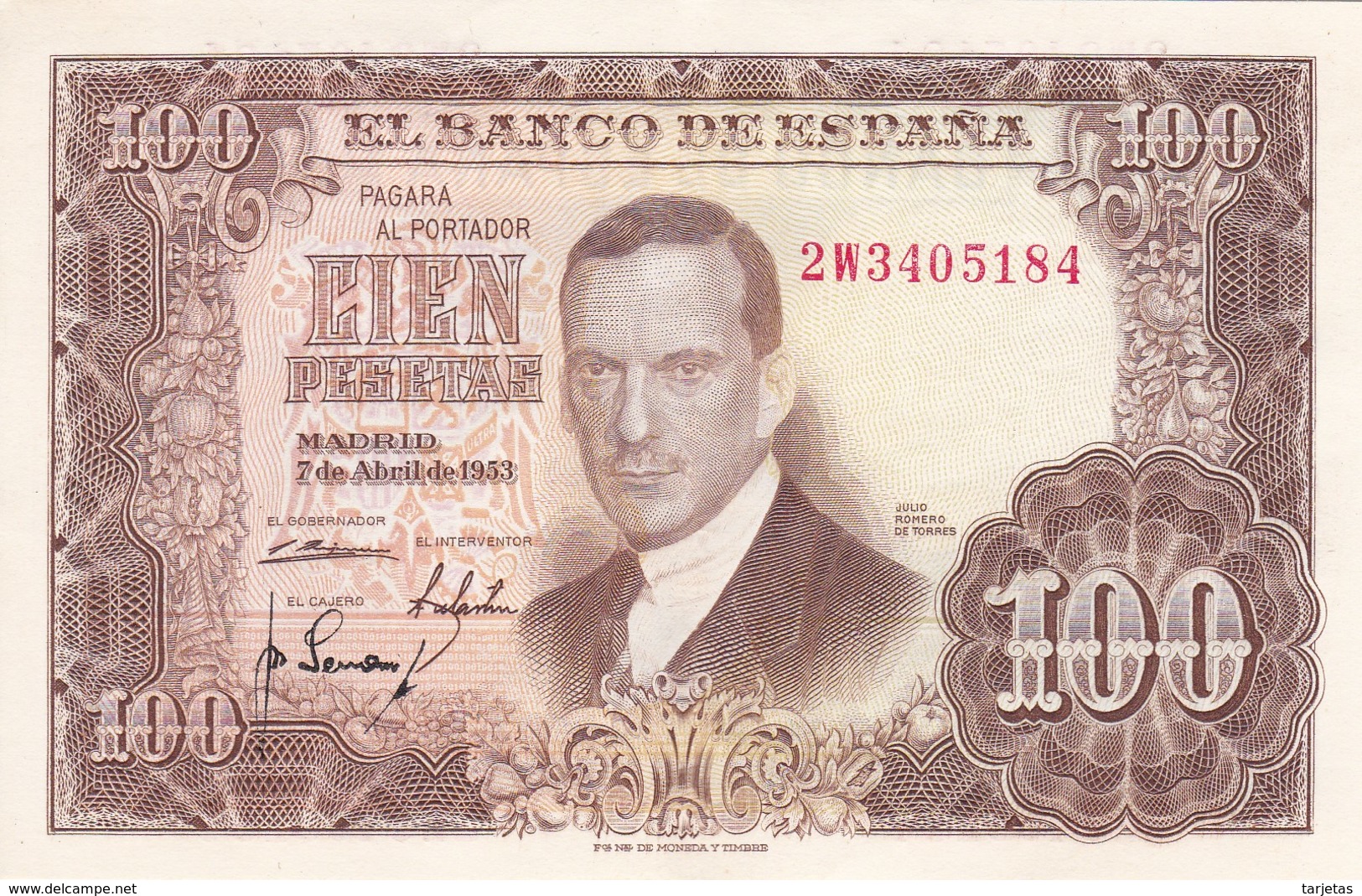 BILLETE DE ESPAÑA DE 100 PTAS DEL 7/04/1953 SERIE 2W CALIDAD EBC (XF) (BANKNOTE) - 100 Pesetas