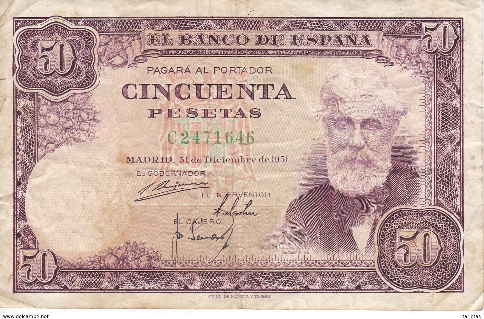 BILLETE DE ESPAÑA DE 50 PTAS DEL 31/12/1951 SERIE C  (BANKNOTE) - 50 Pesetas