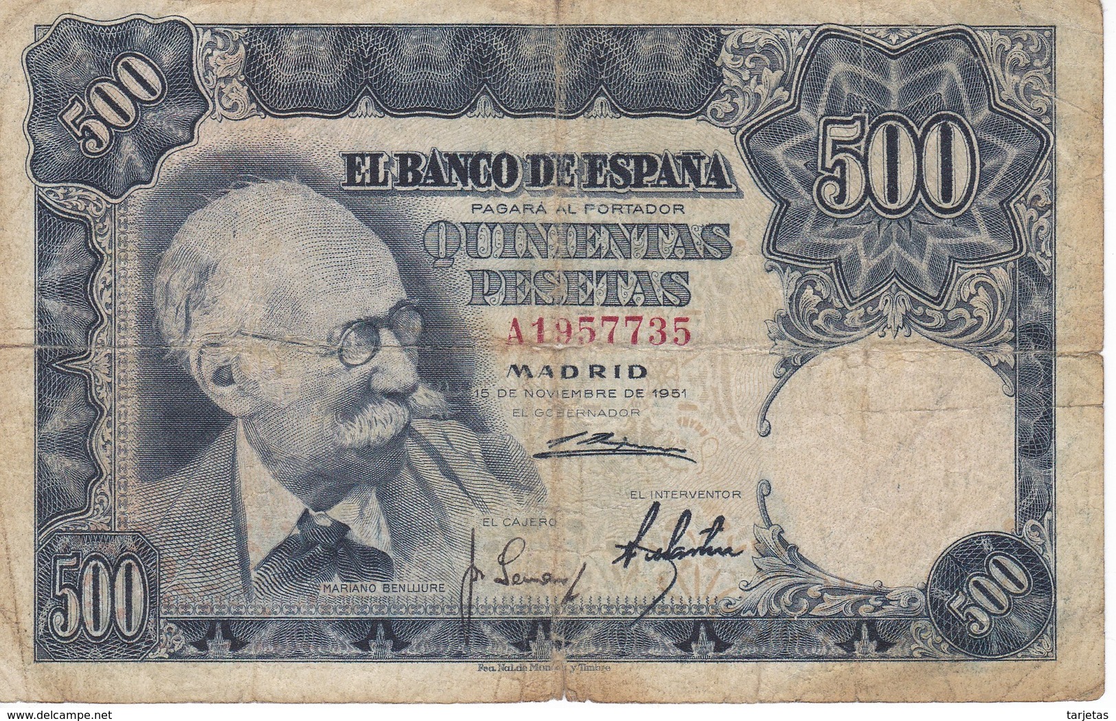 BILLETE DE 500 PTAS DEL AÑO 1951  SERIE A -  MARIANO BENLLIURE  (BANKNOTE) - 500 Peseten